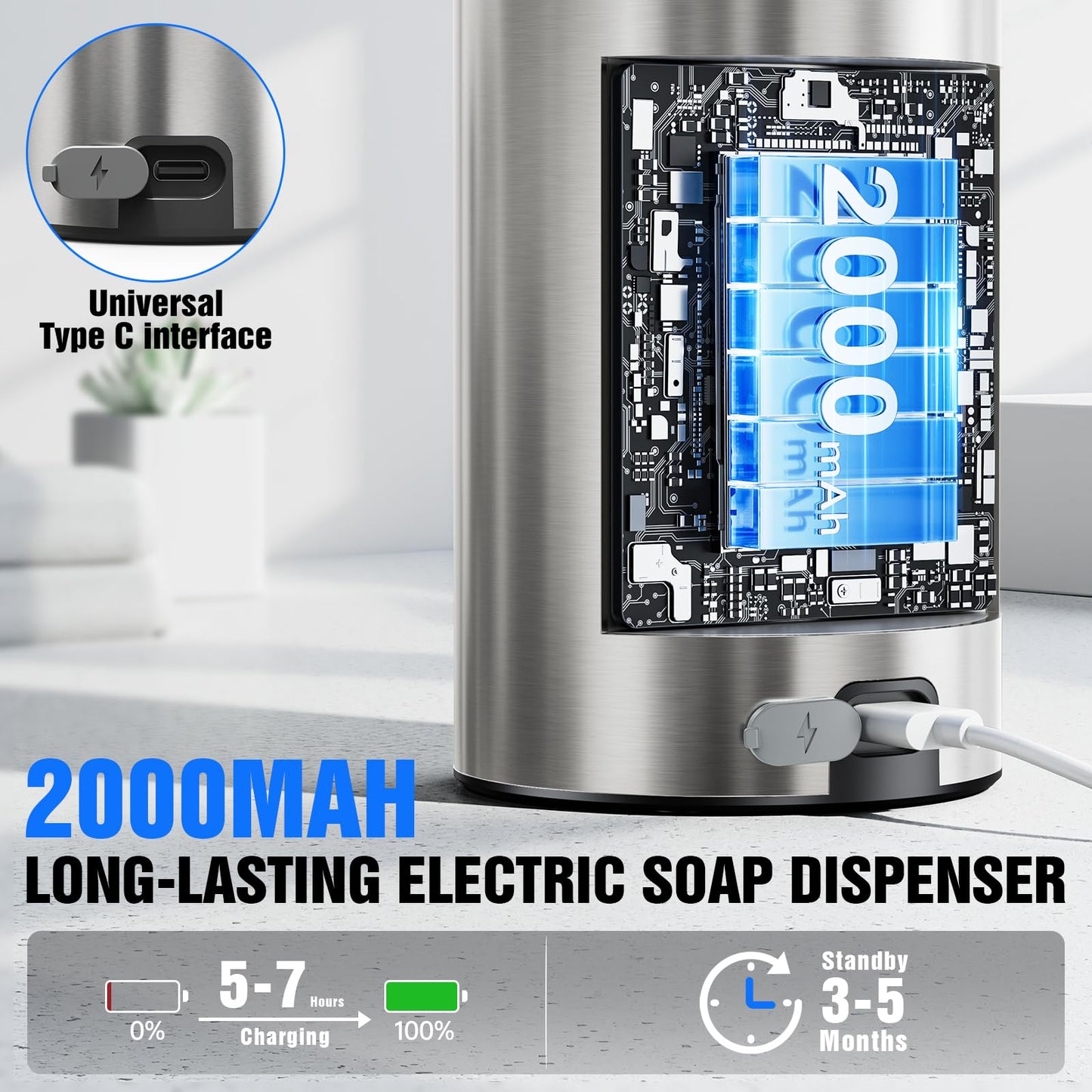 Fantictas Touchless Foaming Soap Dispenser, Stainless Steel Automatic Foam Soap Dispenser, USB-C Rechargeable Sensor Pump with 3 Adjustable Levels, 11.5 oz for Bathroom & Kitchen