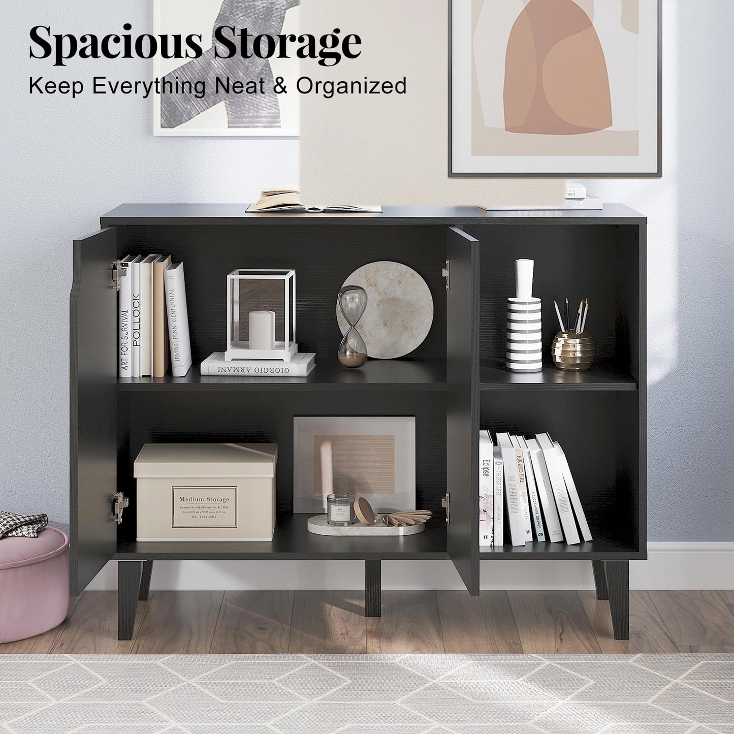 Panana Kitchen Buffet Cabinet Storage Sideboard with 2 Doors 2 Shelves, 41.8" L x 15" W x 32.5" H (Black)