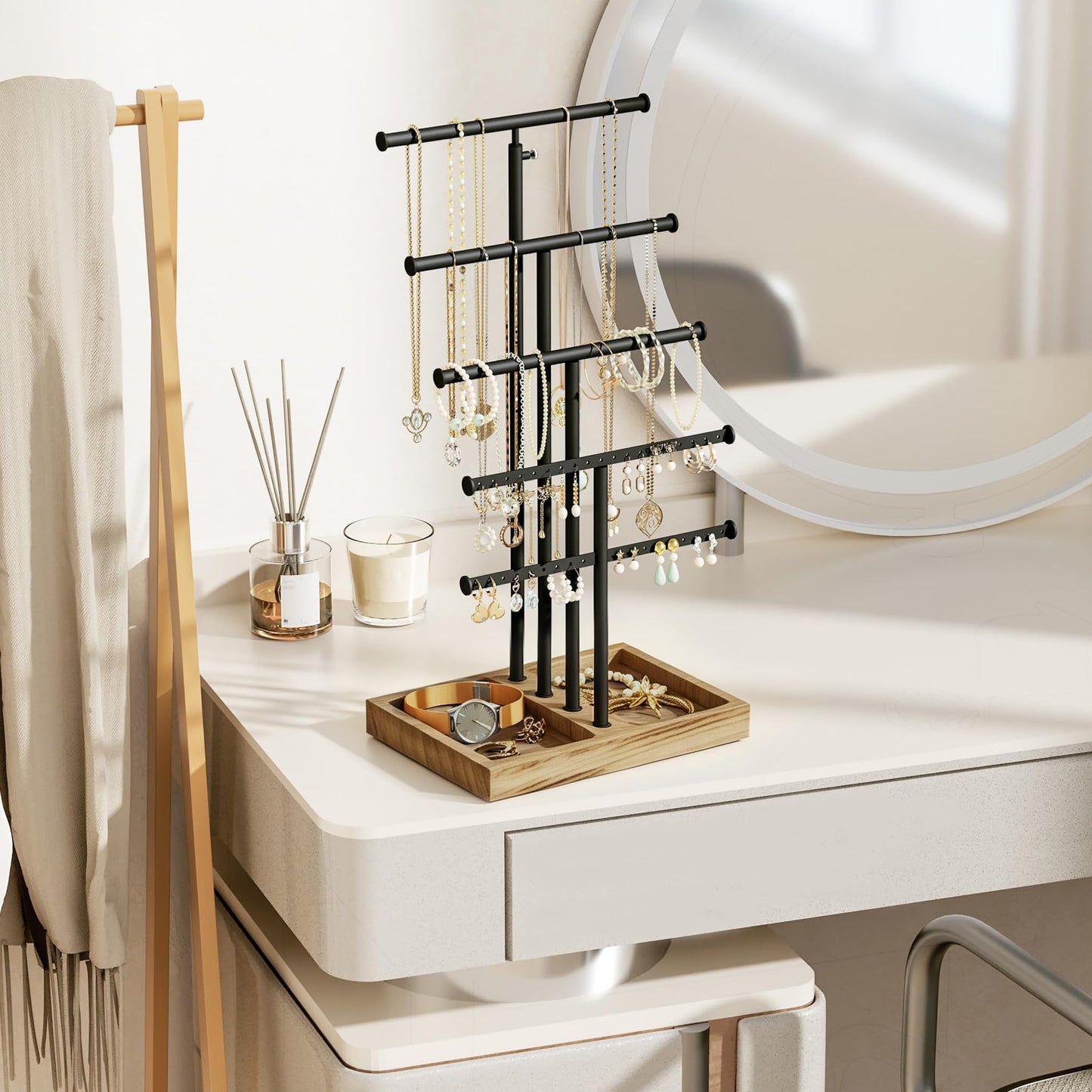 Love-KANKEI Jewelry Organizer Stand, 5 Tier Large Necklace Holder with Wood Base, Jewelry holder stand Tree for Display, Bracelets Earrings Rings, Height Adjustable Gift Carbonized Black & Black