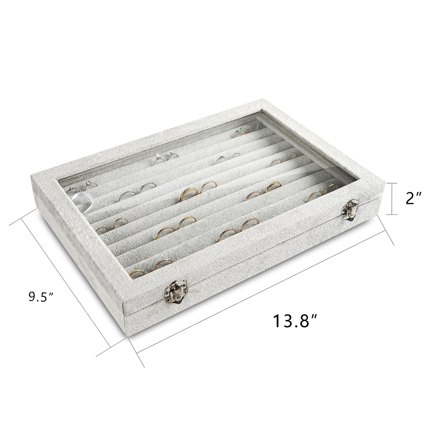 Frebeauty Rings/Earrings Organizer Tray with Clear Lid 10 Slots Velvet Drawer Insert Jewelry Storage box with Glass lid Jewelry Display Case Showcase Gift for Girls Women (Grey, 10 Slots)