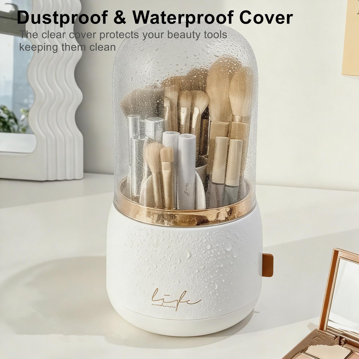 YZEASYPINK 360 Rotating Makeup Brush Holder with Lid Clear Dustproof Make Up Organizers for Vanity Countertop Includes a Foldable Bowl for Cleaning Makeup Brush Transparent Dustproof (White)