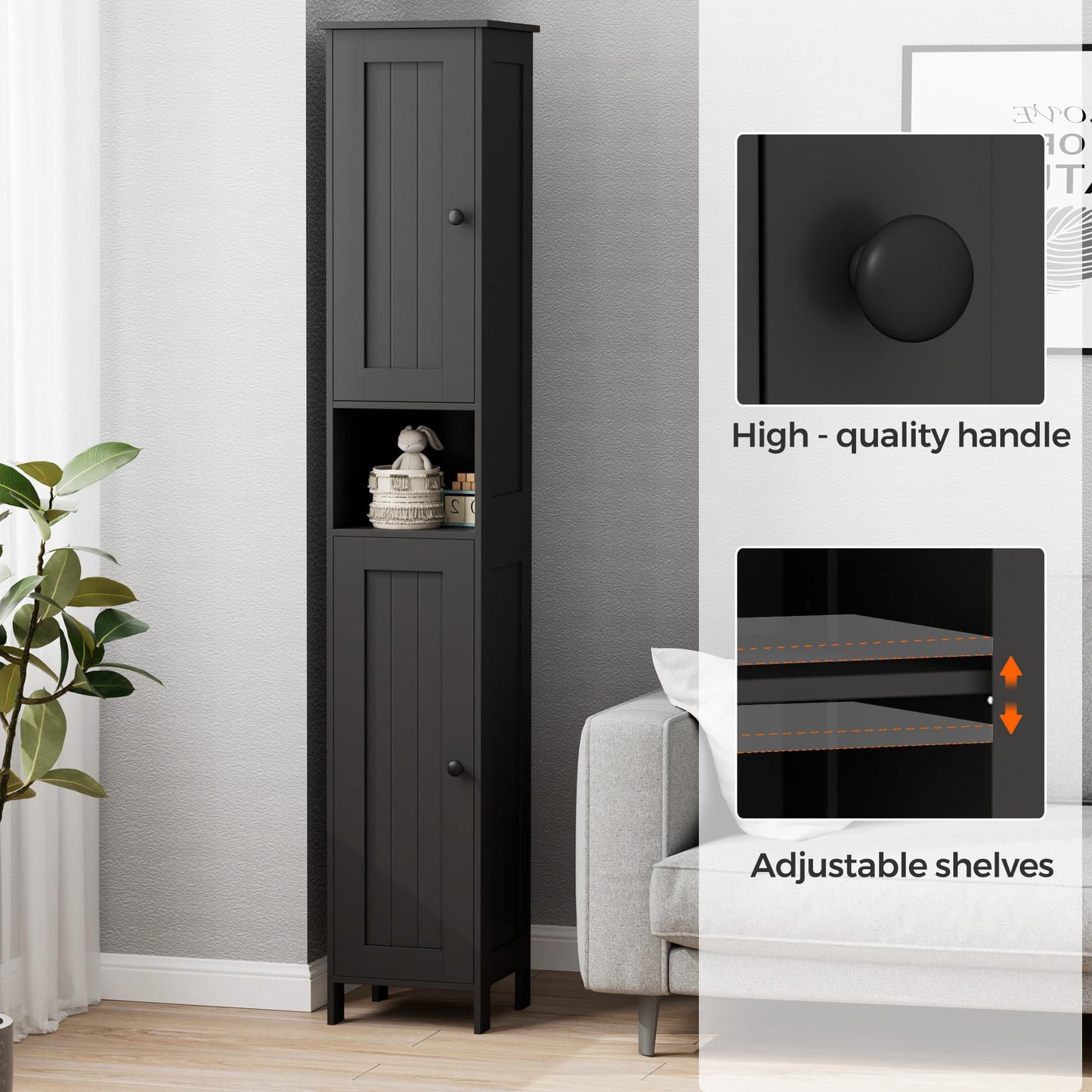 Homleke Tall Bathroom Storage Cabinet with 2 Doors, 67"H Narrow Storage Cabinet with Adjustable Shelves& Anti-Tip Design, Reversible Door Installation, Easy Assembly, 11.8 x 11.8 x 66.9 Inches, Black