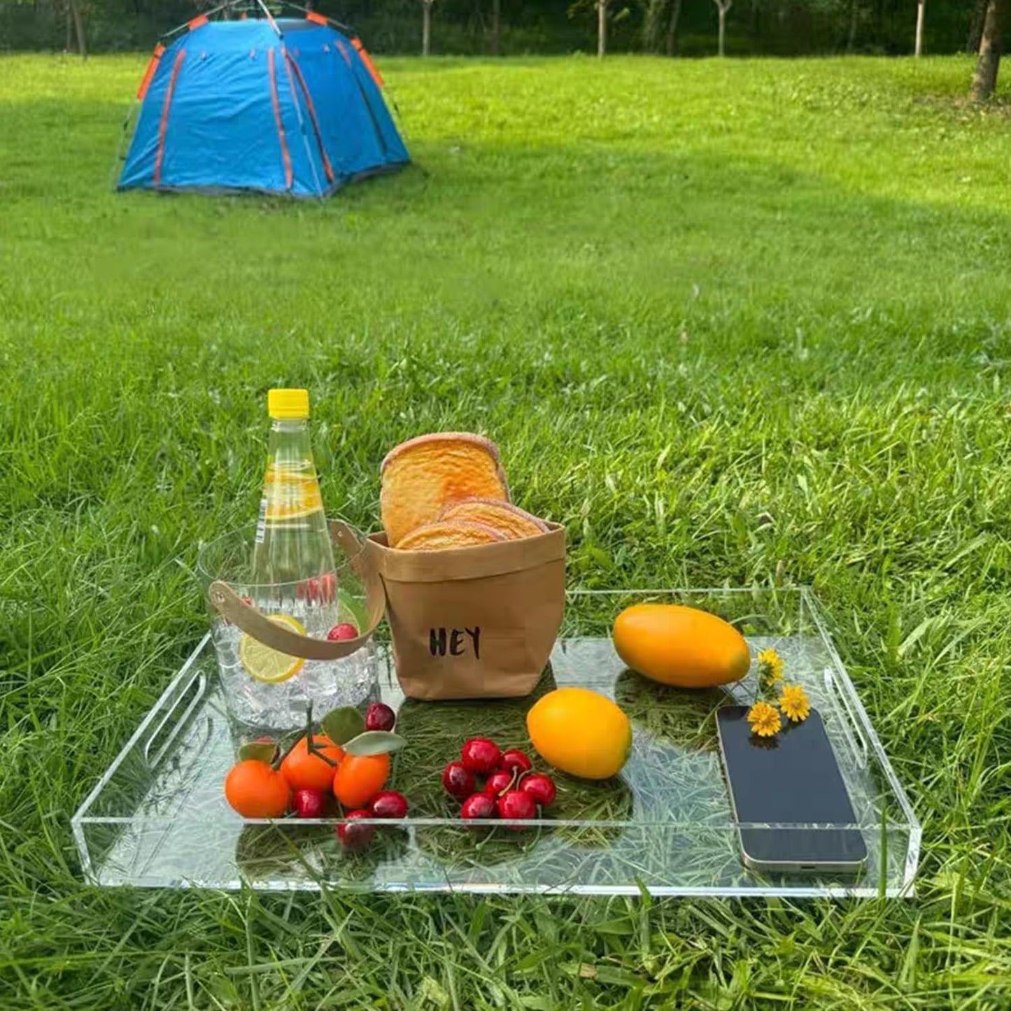 Sturdy 16" Acrylic Serving Tray with Handles - Ottoman Coffee Table Organizer for Food, Tea, Snacks, Vanity & Kitchen Countertop - Multi-Use for Bathroom, Living Room, Bar Parties (Transparent)