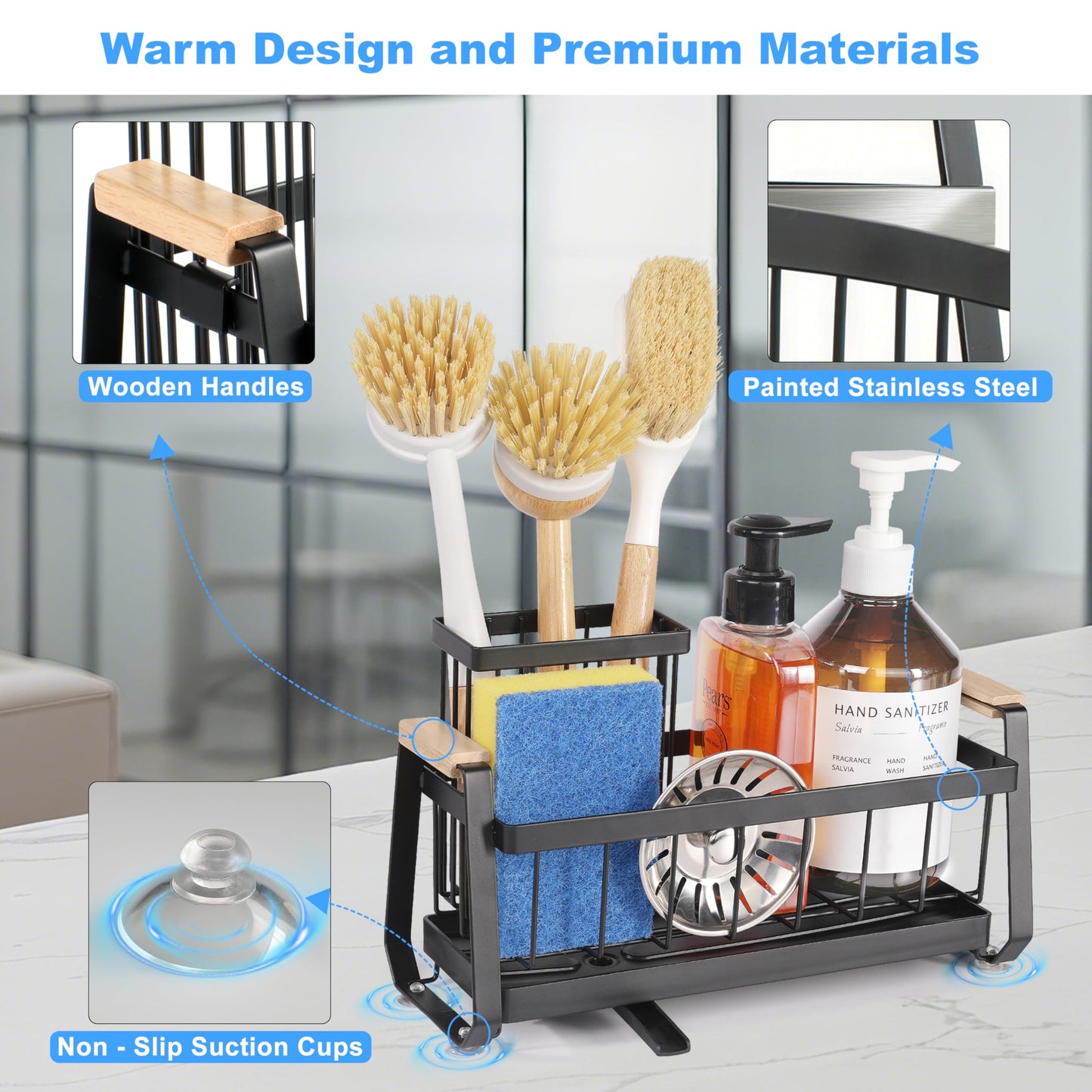 Ouletoy Sponge Holder for Kitchen Sink Organizer, Stainless Steel Sink Caddy Suction Cup with Dish Brush Holder, Rustproof Drying Rack, Sponge Caddy and Dish Soap Organizer for Kitchen Countertop