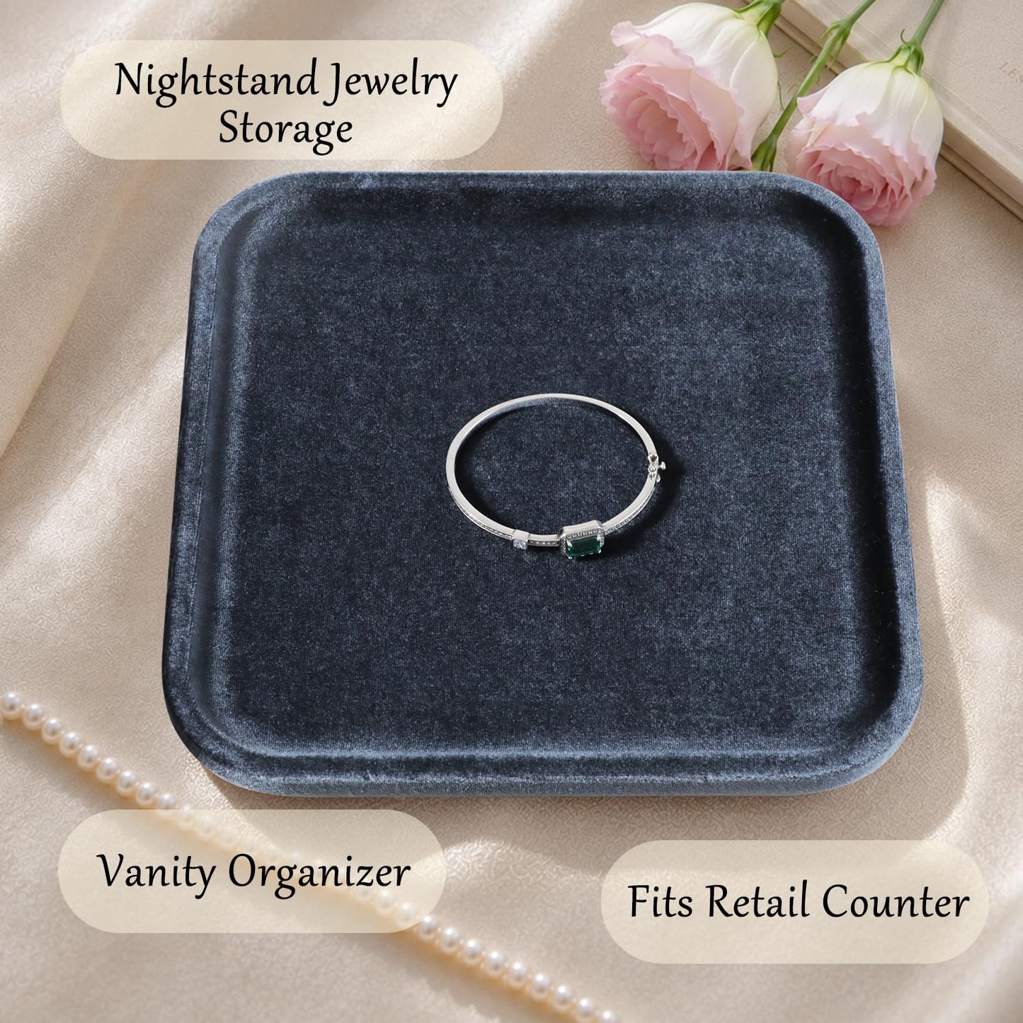 Dansmiy Resilient Velvet Jewelry Display Tray for Ring Earrings Bracelet Necklace, Flat Jewellery Dish for Showcase Store Retail Counter Exhibition Photography Livestream (Slate Gray, Large)