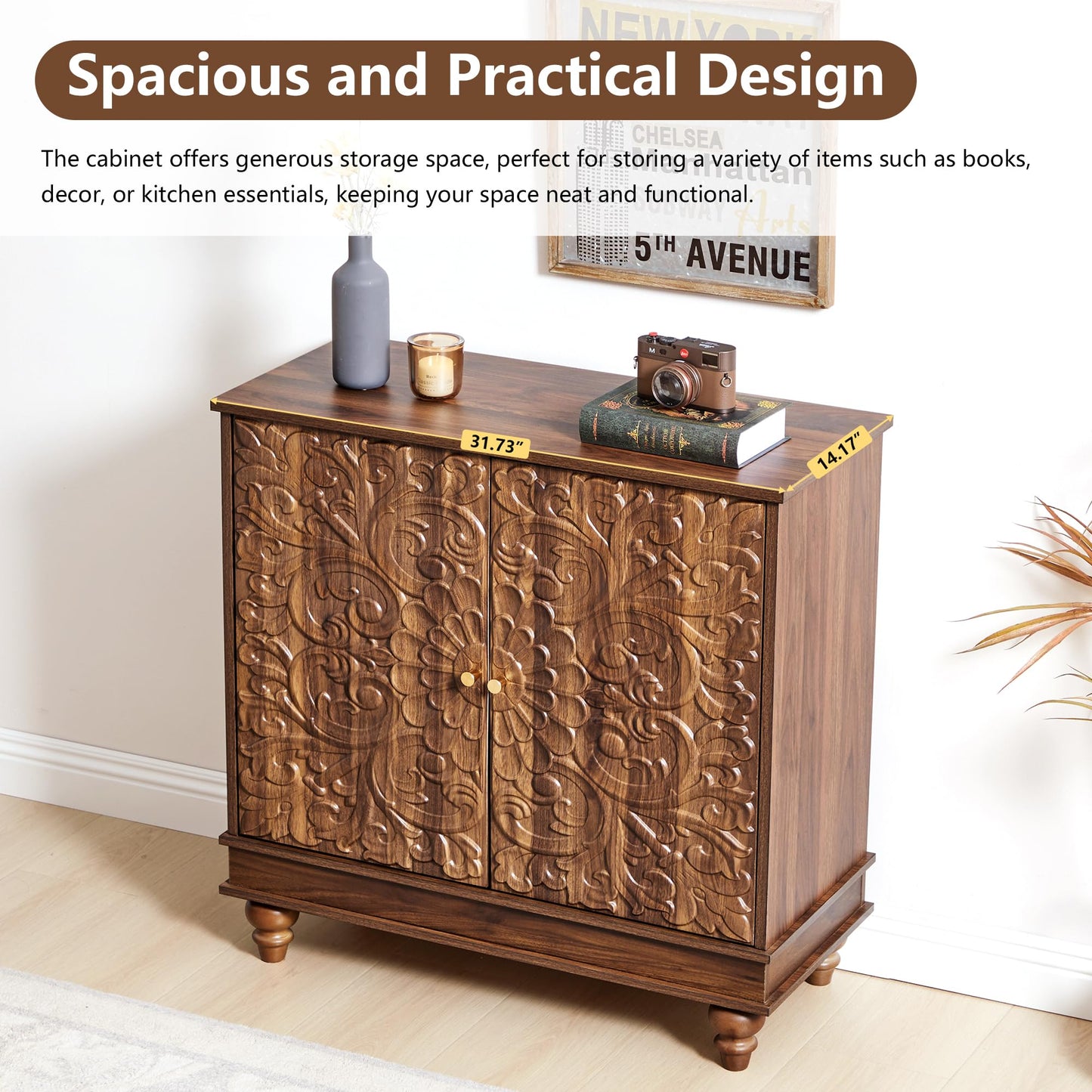 weselon Accent Cabinet Set of 2, Farmhouse Carved Storage Sideboard Buffet Cabinet with Adjustable Shelves, Entryway Storage Cabinet with 2 Doors (Walnut)