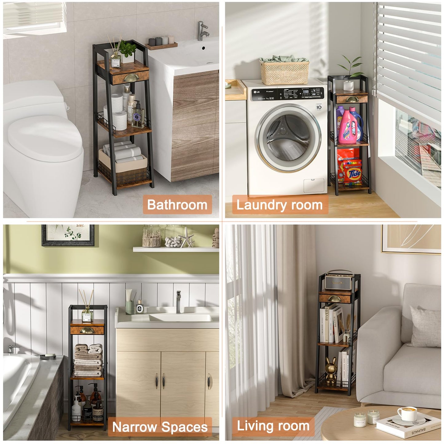 keomaisyto 3-Tier Narrow Bathroom Shelves with Drawer, Bathroom Organizers and Storage, Open Floor Ladder Shelf, Freestanding Tower Slim Standing Unit for Small Spaces - Rustic Brown