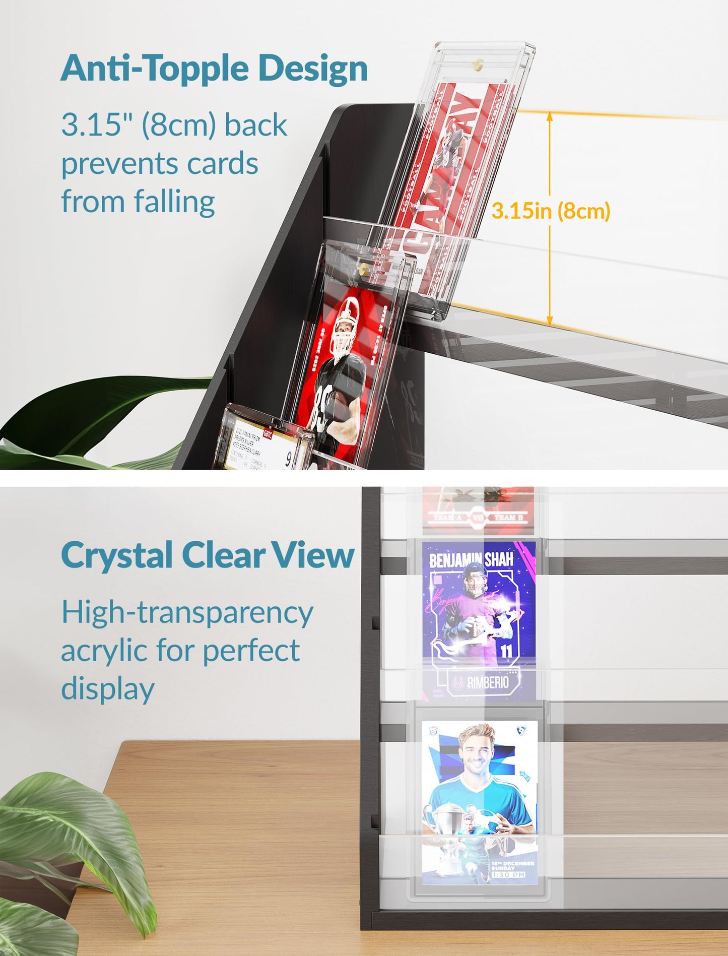 NiHome Pine Wood and Acrylic Trading Card Display Stand, 4-Tier Stepped Holder Compatible with PSA CGC BGS Graded Slabs or 35PT Cards, Stackable Tool-Free Card Organizer for Desk and Shelf