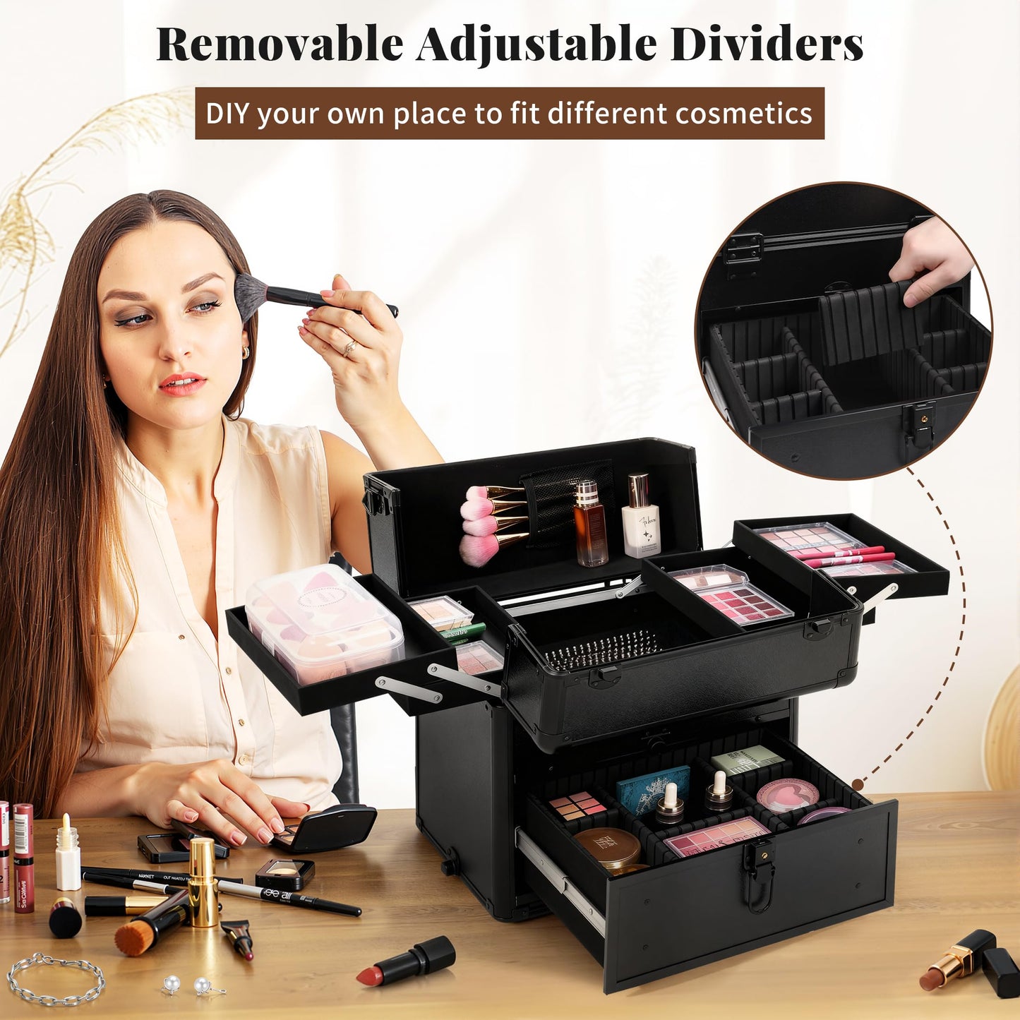 AROUS Rolling Makeup Case with 3 Drawers, Cosmetology Case on Wheels 5 IN 1 Makeup Train Case Make Up Organizer for Artist Salon Nail Teach Trunk,Black