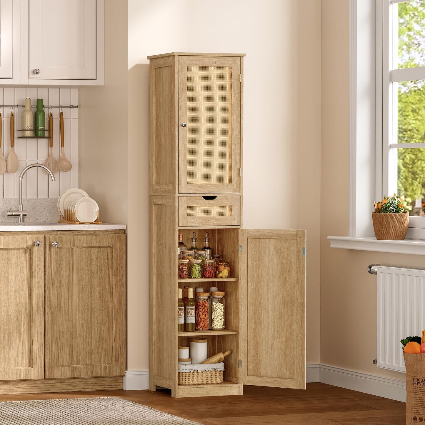 TEENFON 67" H Tall Storage Cabinet with 2 Rattan Doors and 1 Drawer, Narrow Rattan Cabinet with Adjustable Shelves, for Living Room, Entryway, Kitchen, Natural