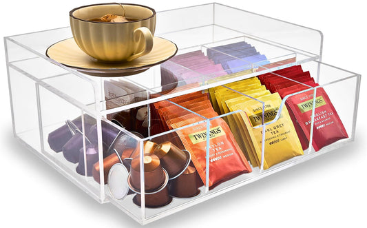 Meicloud Acrylic Tea Station Organizer for Countertop - Tea Bag Organizer Drawer, Clear Lucite K Cup and Coffee Pod Storage box with 8 Compartments, Tea Caddy Creamer Holder Display Stand