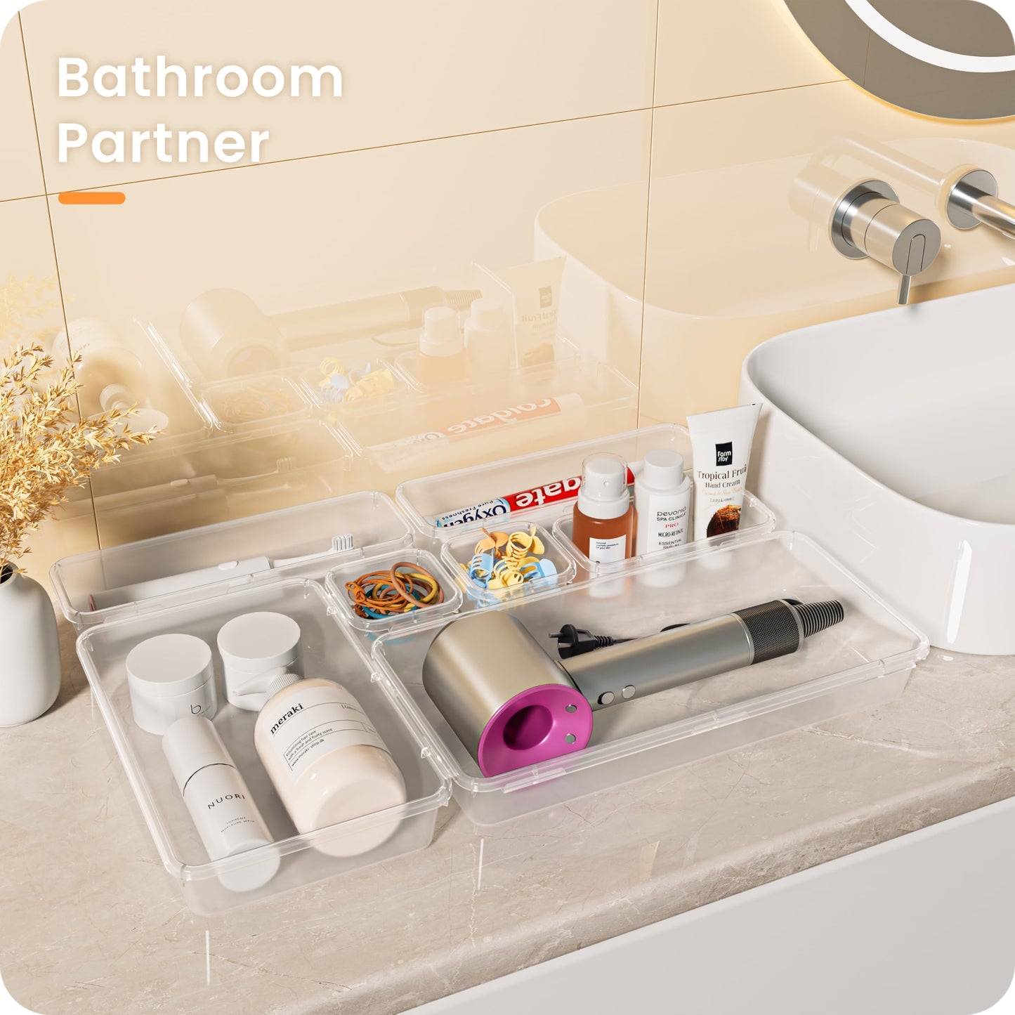 【Military Grade】A-LuGei Drawer Organizer, 【𝟱𝗦𝗶𝘇𝗲】 Makeup organizer, 【Holds 177 Items】 Bathroom Organizers and Storage, Organization and Storage, Desk Drawer Organizer for Vanity (Clear)