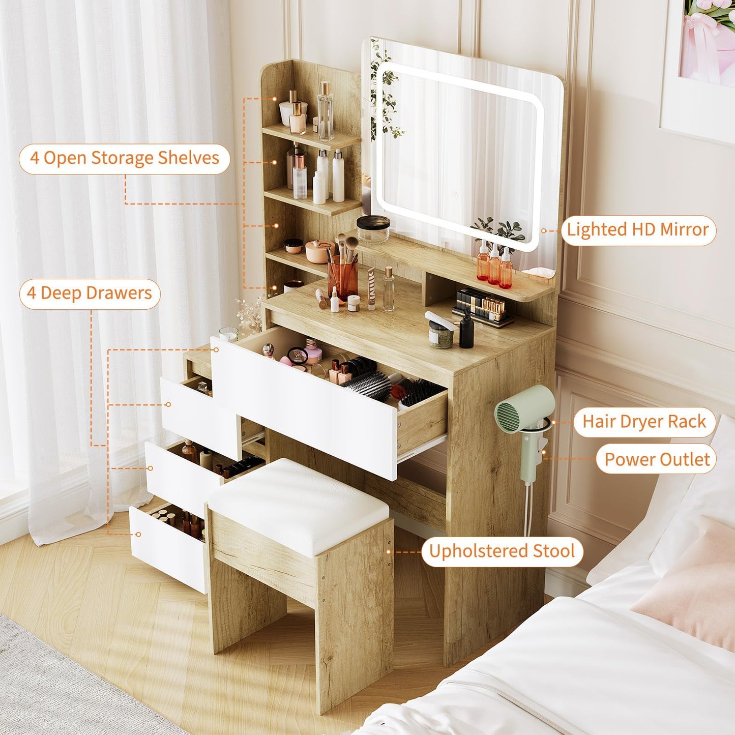 Garvee Modern Vanity Desk with Mirror & Adjustable LED Lights, 4 Drawers, Storage Shelves, Power Outlet, USB Ports, Stool – 36-Inch Makeup Vanity Table Set for Bedroom