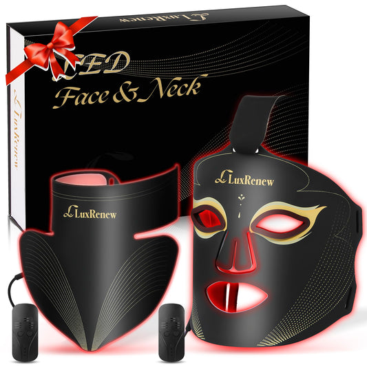 Red Light Therapy Mask Set, Led Mask Light Therapy for Face & Neck, Near-Infrared Light 850nm and Red Light 630nm, 5 Gears Energy Adjustment, Black