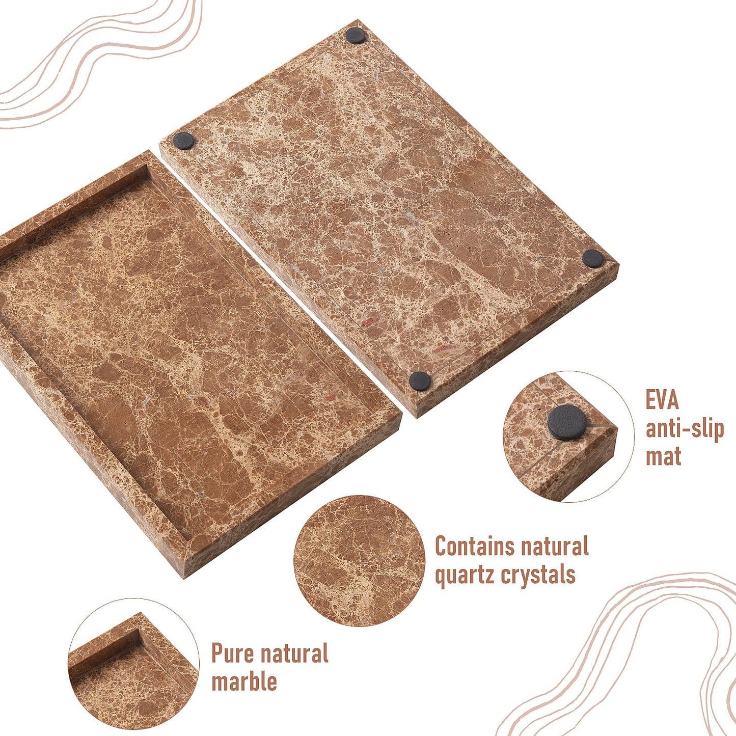Marble Bathroom Tray,Pure Natural Vanity Tray,Marble Tray for Kitchen Counter Non-Ceramic/Non-Resin,Stone Trays 12 x 8 inch （Dark Brown）