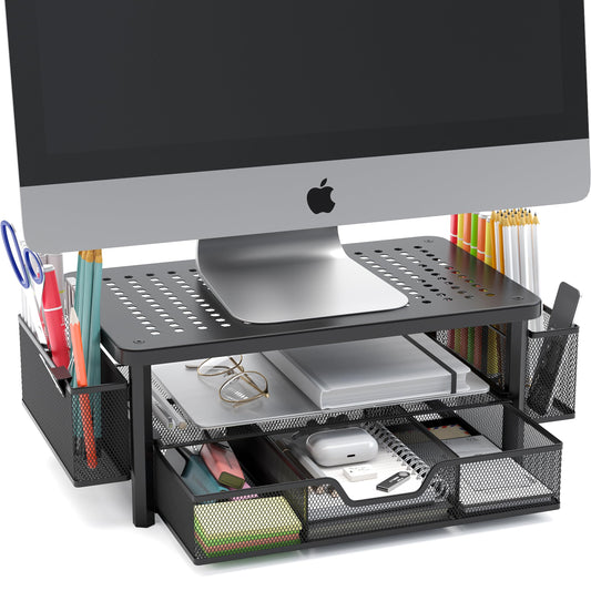 eVoomi FlowMax Ergonomic Desk organizer Computer Monitor Stand -Improved XL Desk Drawer, File Paper Pencil Holders - Pro Posture Eye-Level Tension Relief - Anti-Slip Home Office Supplies Storage Stand for Laptop Monitor or Printer