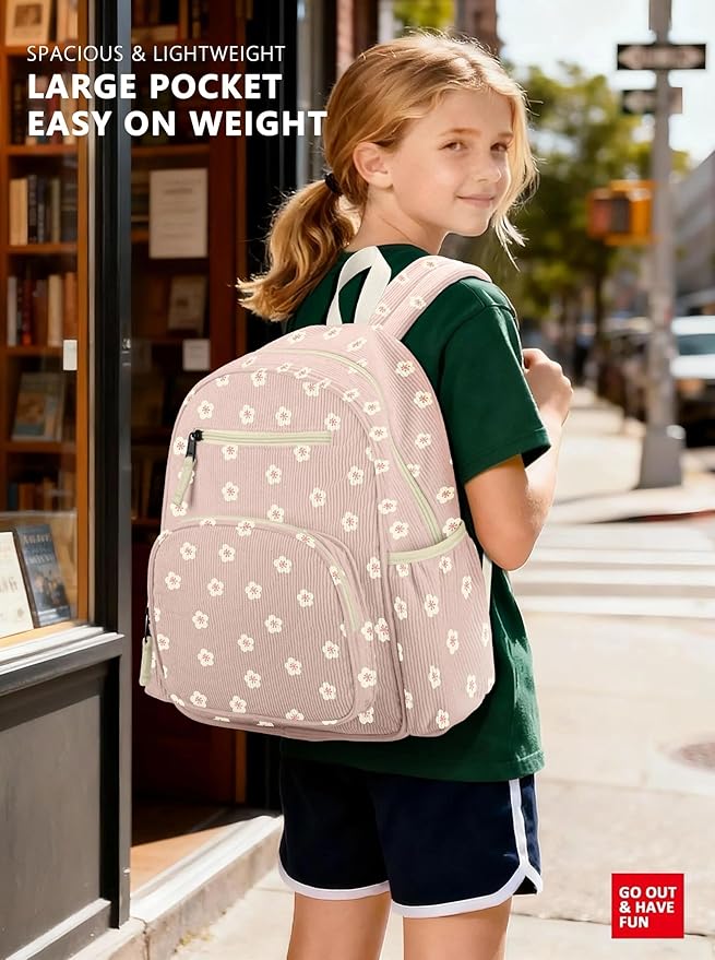 Corduroy Kids Backpack for Girls, Girls Backpack 5-9, Kindergarten Elementary School Bookbag for Girl 15.3" H Fit Folder