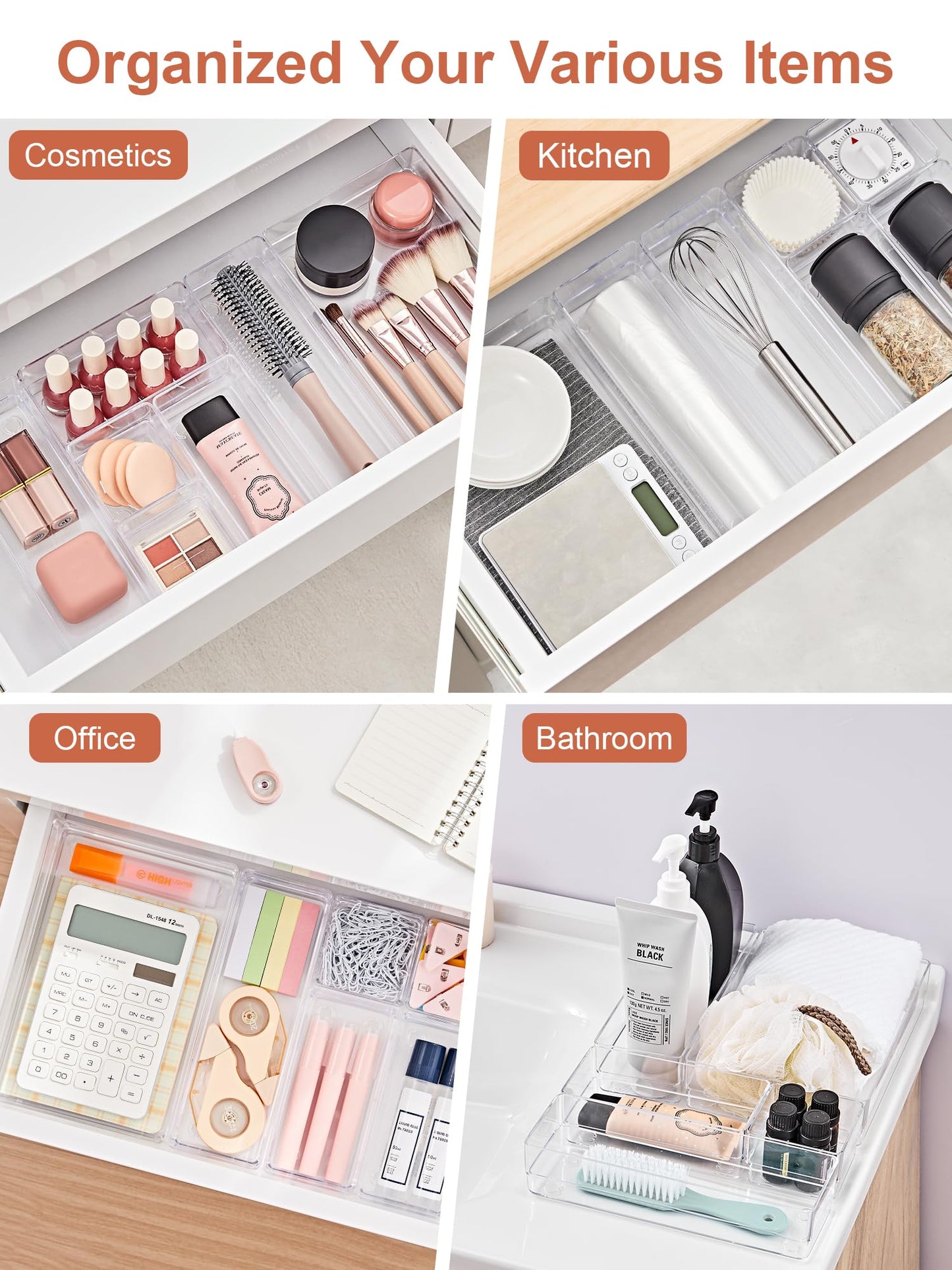 SMARTAKE 37-Piece Drawer Organizer with Non-Slip Silicone Pads, 4-Size Desk Drawer Organizer Trays Storage Tray for Makeup, Jewelries, Utensils in Bedroom Dresser, Office and Kitchen (Clear)