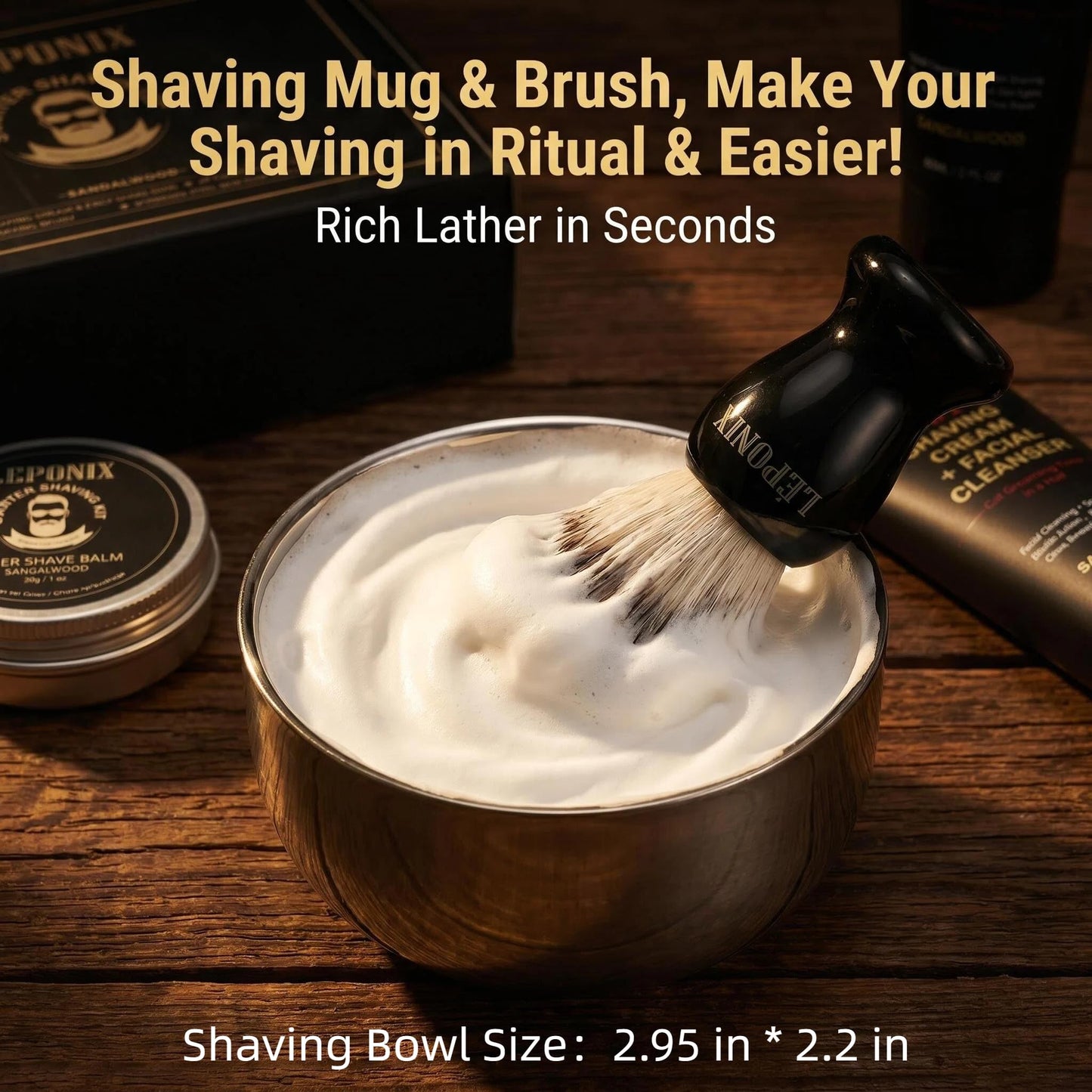 Shaving Kit, TSA Approved Travel Size Grooming Set - 60ml 2-in-1 Facial Cleanser & Shaving Cream, Shaving Brush and Bowl & 30g Solid Aftershave Balm, Gift Set for Men Boyfriend Stocking Stuffers