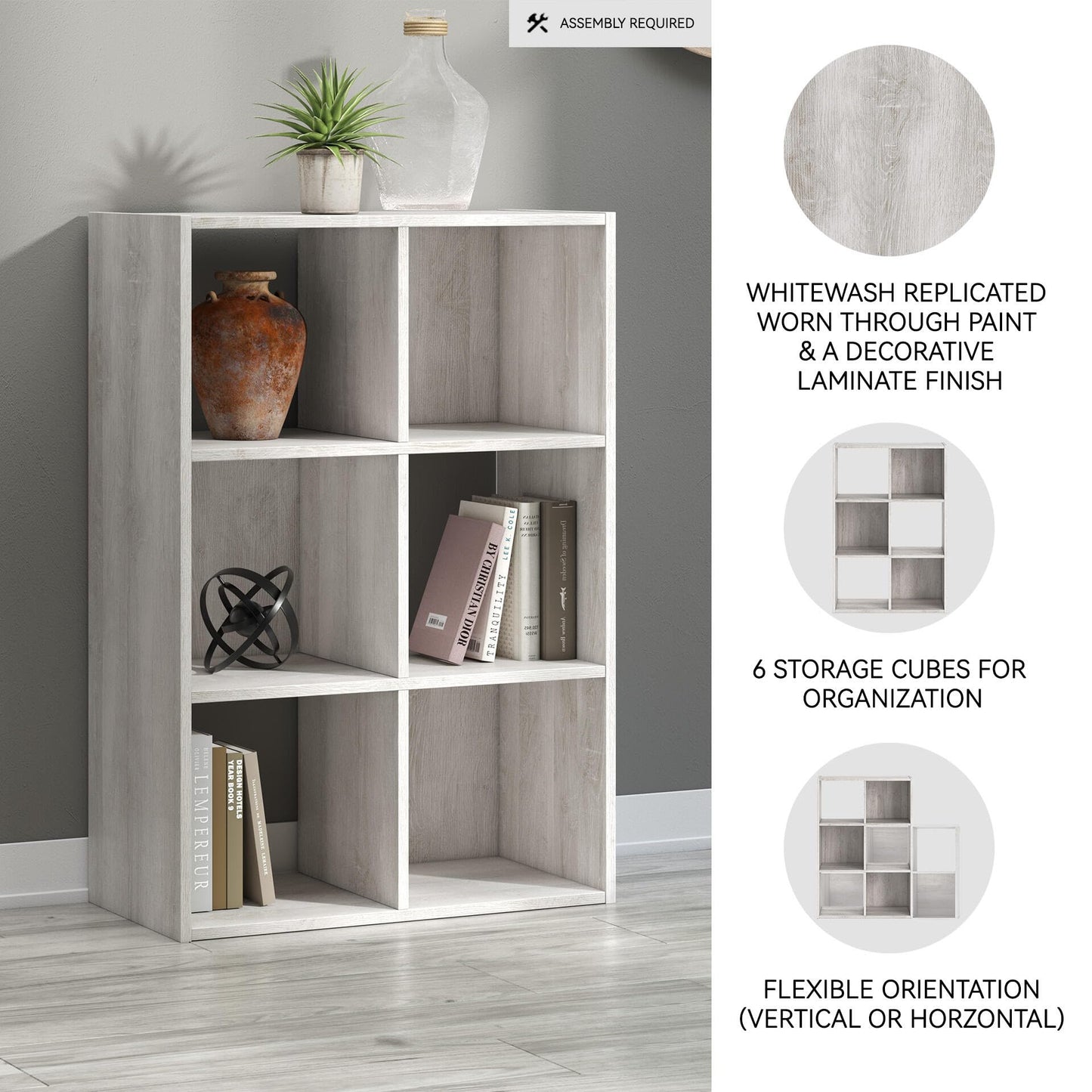 Signature Design by Ashley Paxberry 6 Cube Storage Organizer, Engineered Wood Bookshelf, Quick 20-Minute Assembly, Dual-Orientation Storage Cube for Bedroom or Living Room, Whitewash