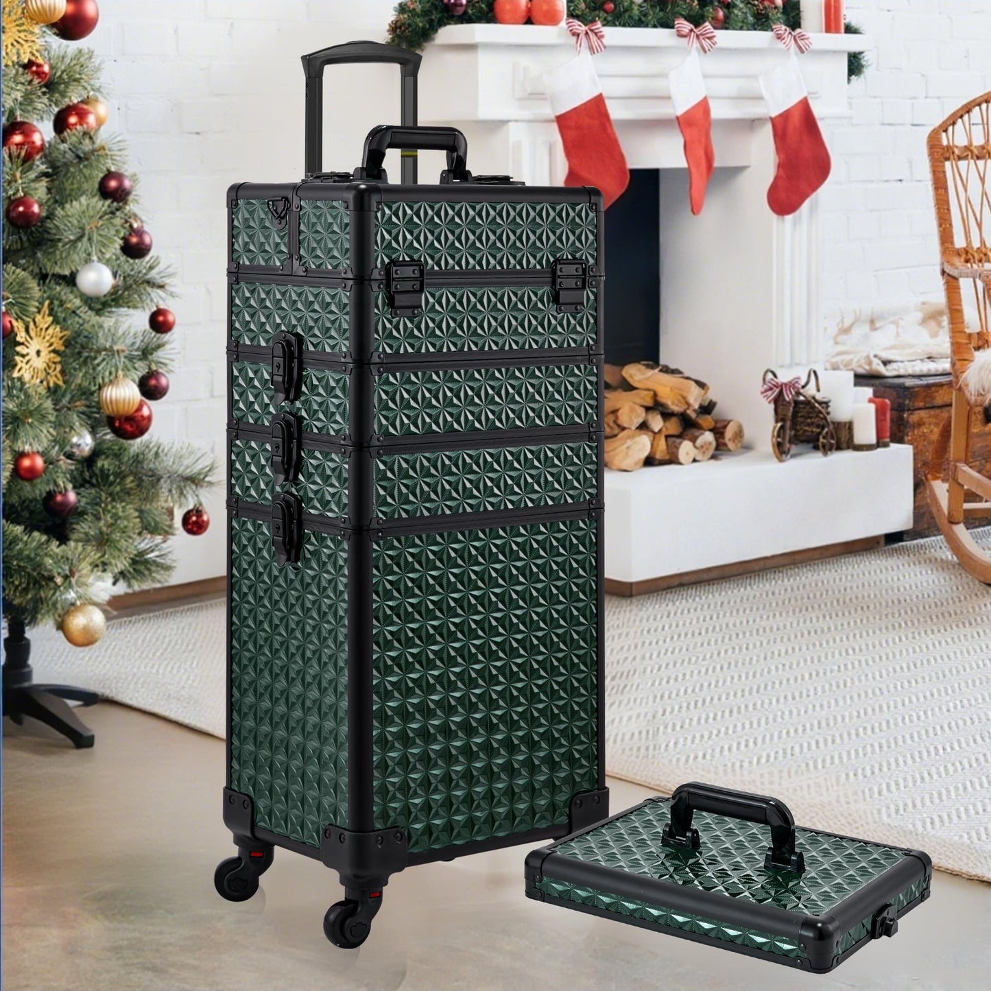 GALHUBIS Rolling Makeup Case, Makeup Train Case with Lid, 5 in 1 Cosmetology Case on Wheels, Christmas Gift, Large Makeup Case Organizers, Profesional Cosmetic Case for Salon Barber,Black Green