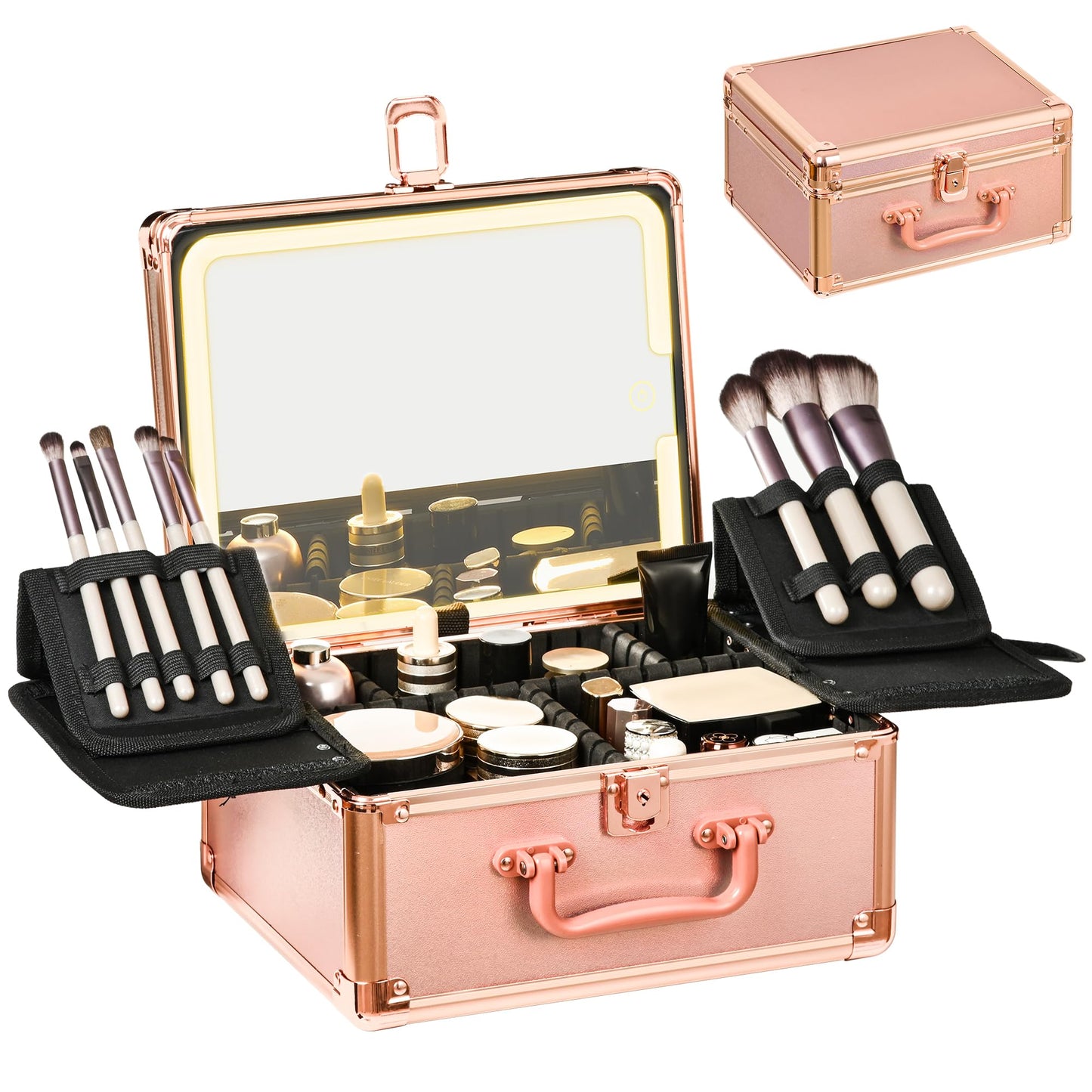 GALHUBIS Rose Gold Makeup Case with Lighted Mirror, Detachable LED Mirror, Travel Makeup Train Case, Waterproof Cosmetic Organizer, Standing Makeup Brush Holder, Gift