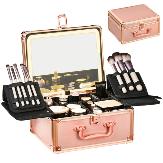 GALHUBIS Rose Gold Makeup Case with Lighted Mirror, Detachable LED Mirror, Travel Makeup Train Case, Waterproof Cosmetic Organizer, Standing Makeup Brush Holder, Gift