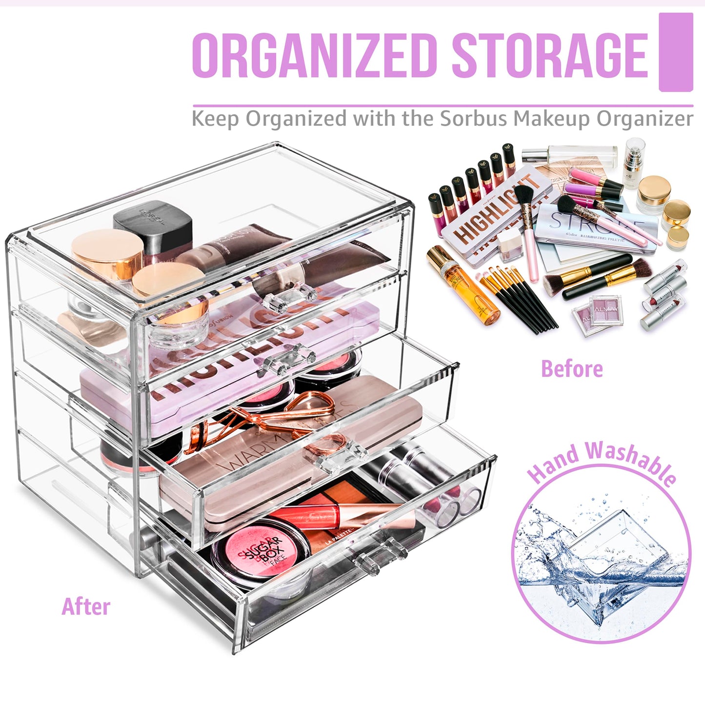 Sorbus Acrylic Makeup Organizer Set, 4-Drawer Vanity & Countertop Cosmetic Storage with Wide Drawers, Clear Makeup Storage for Brushes, Lipsticks, Jewelry – Holiday Gift for Women & Teens