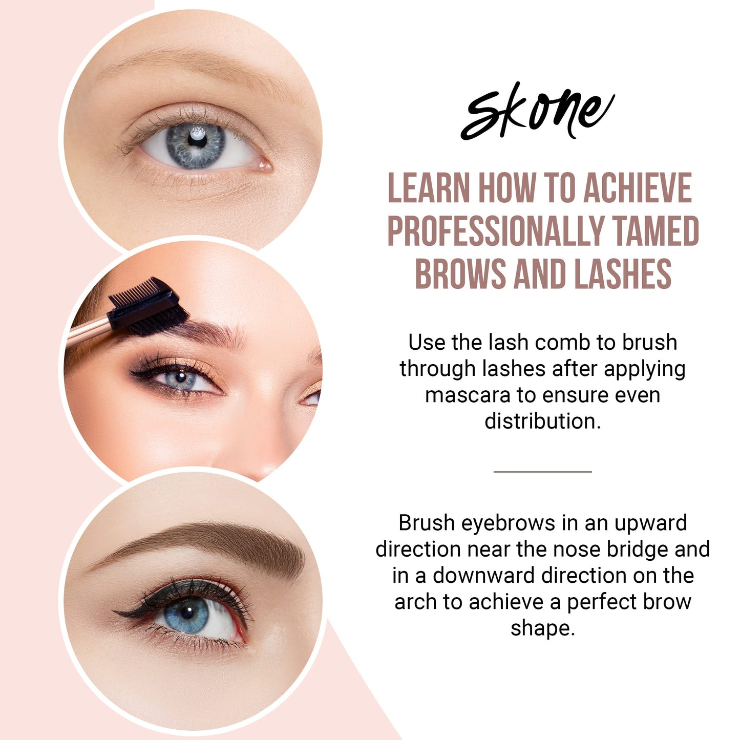 Skone Cosmetics Eyebrow Brush and Comb, Luxe Premium Rose Gold Eyelash Brush and Eyelash Comb - Professional Grade Nylon Eye Brow Brush Comb, Dual Sided Eyelash Brush Separator