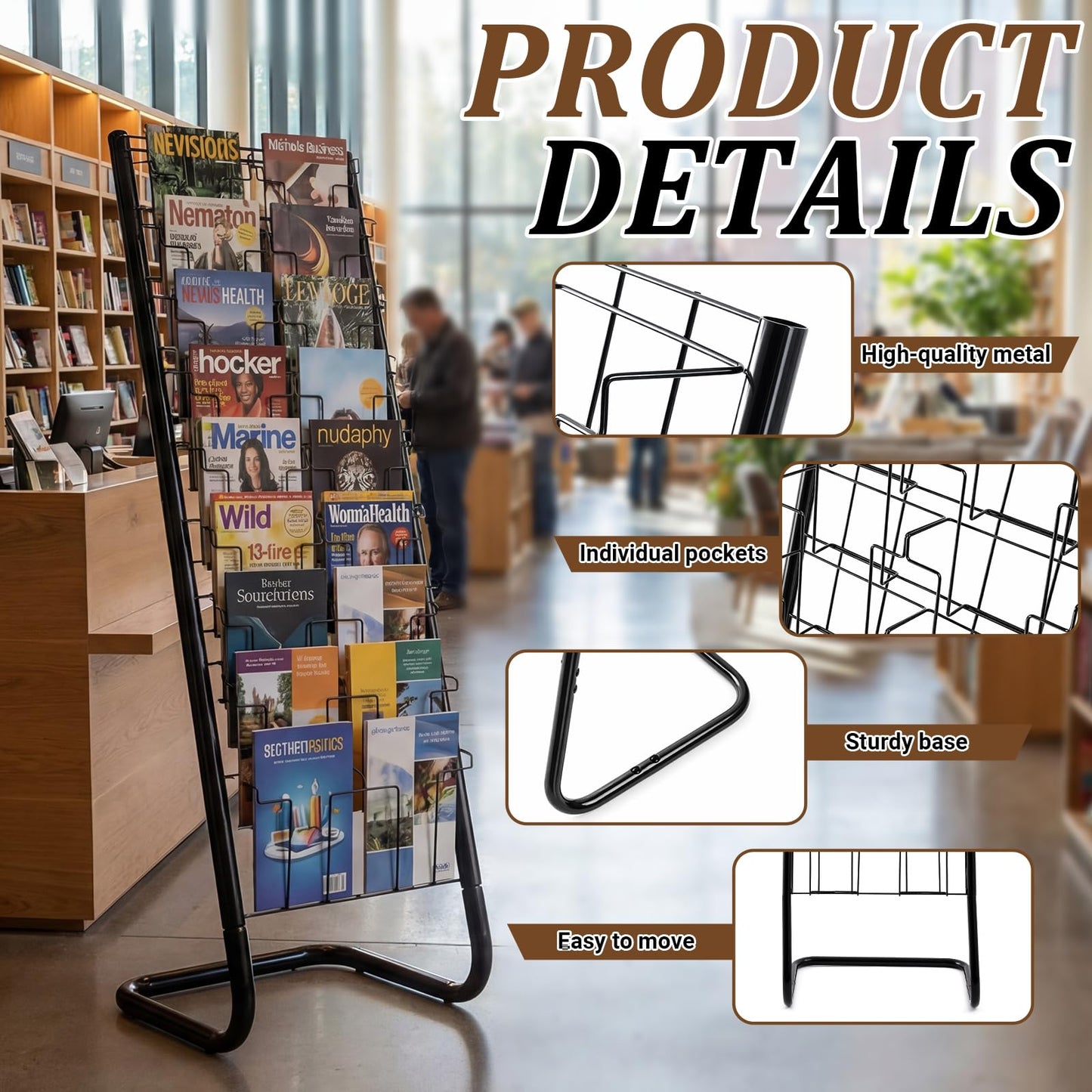 Zonon 57" Magazine Rack Floor Holder 18 Pockets Tiered Display Holder Floor Standing Brochure Display Stand for Books Newspaper Catalogs Libraries Retail Stores Shop Exhibitions Office