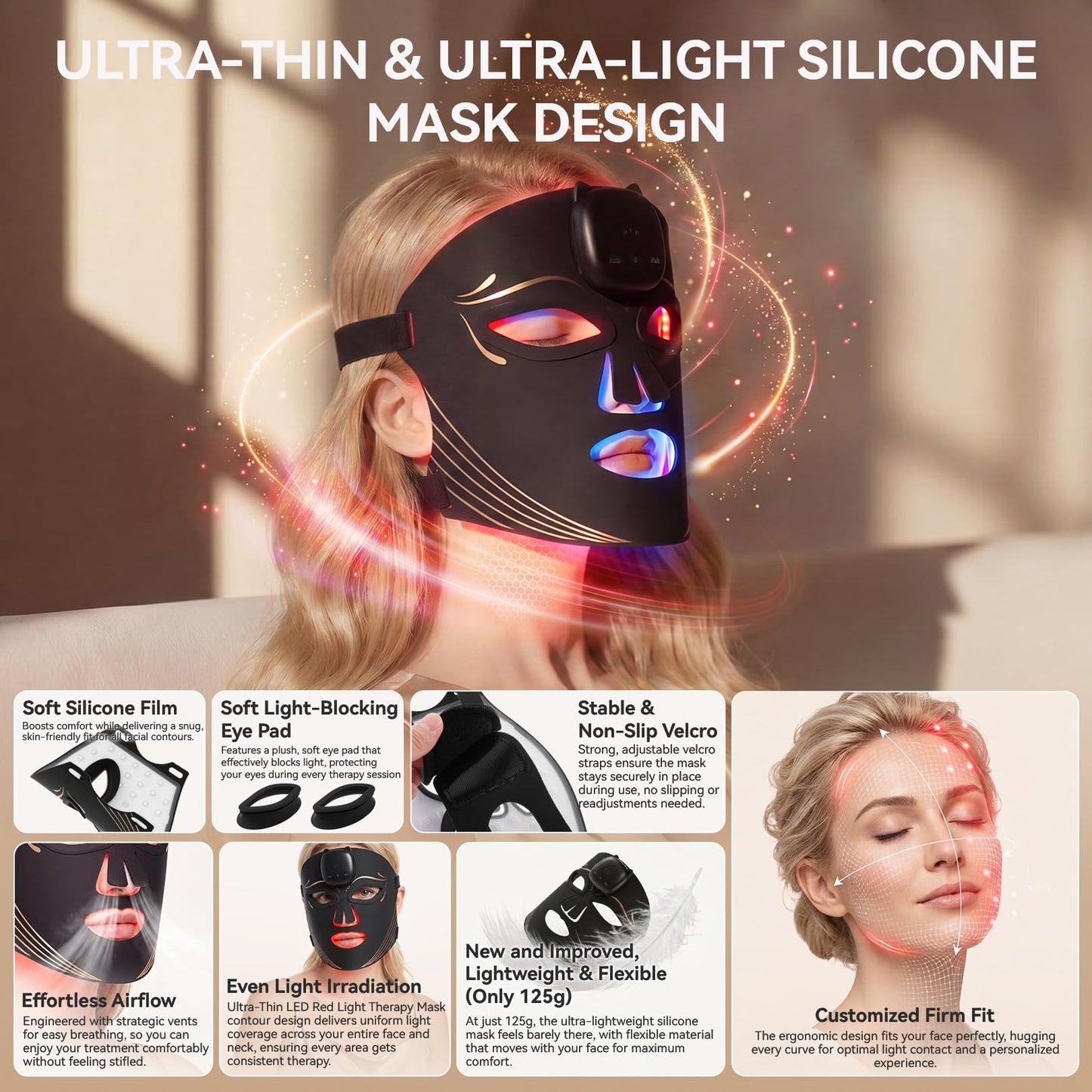 Gurtema Red Light Therapy Mask for Face – 8 Light Modes with 850nm NIR, Red & Blue LED Light Therapy etc., 1000mAh Rechargeable LED Face Mask for Radiant Glow at Home