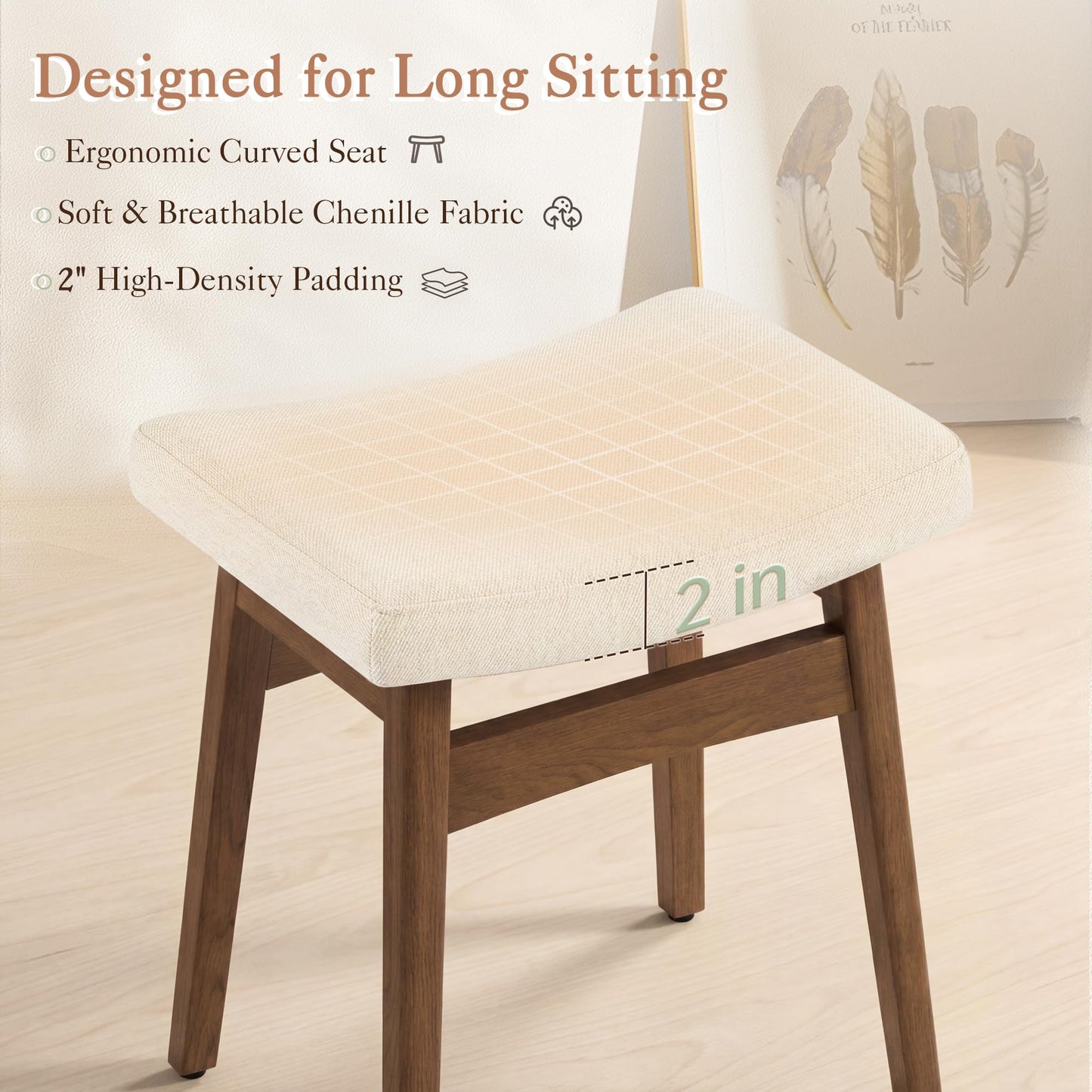 LUE BONA Solid Wood Vanity Bench Stool, 17.3" H Ergonomic Saddle Stool, 2'' Sick Upholstered Vanity Chair for Makeup Room, Bedroom & Bathroom, 300lbs, Linen