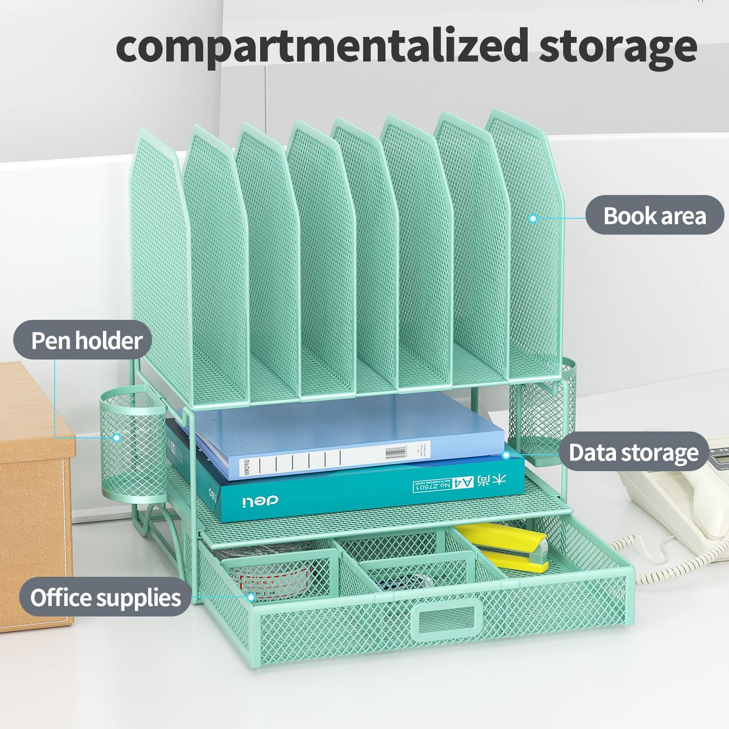 FANXIYQ Metal Desk Organizer with Sliding Drawer, 7-Section File Organizer for Desk, Desktop File Folder & Paper Organizer with 2 Hanging Pen Holders, Office Supplies Organizer, Green