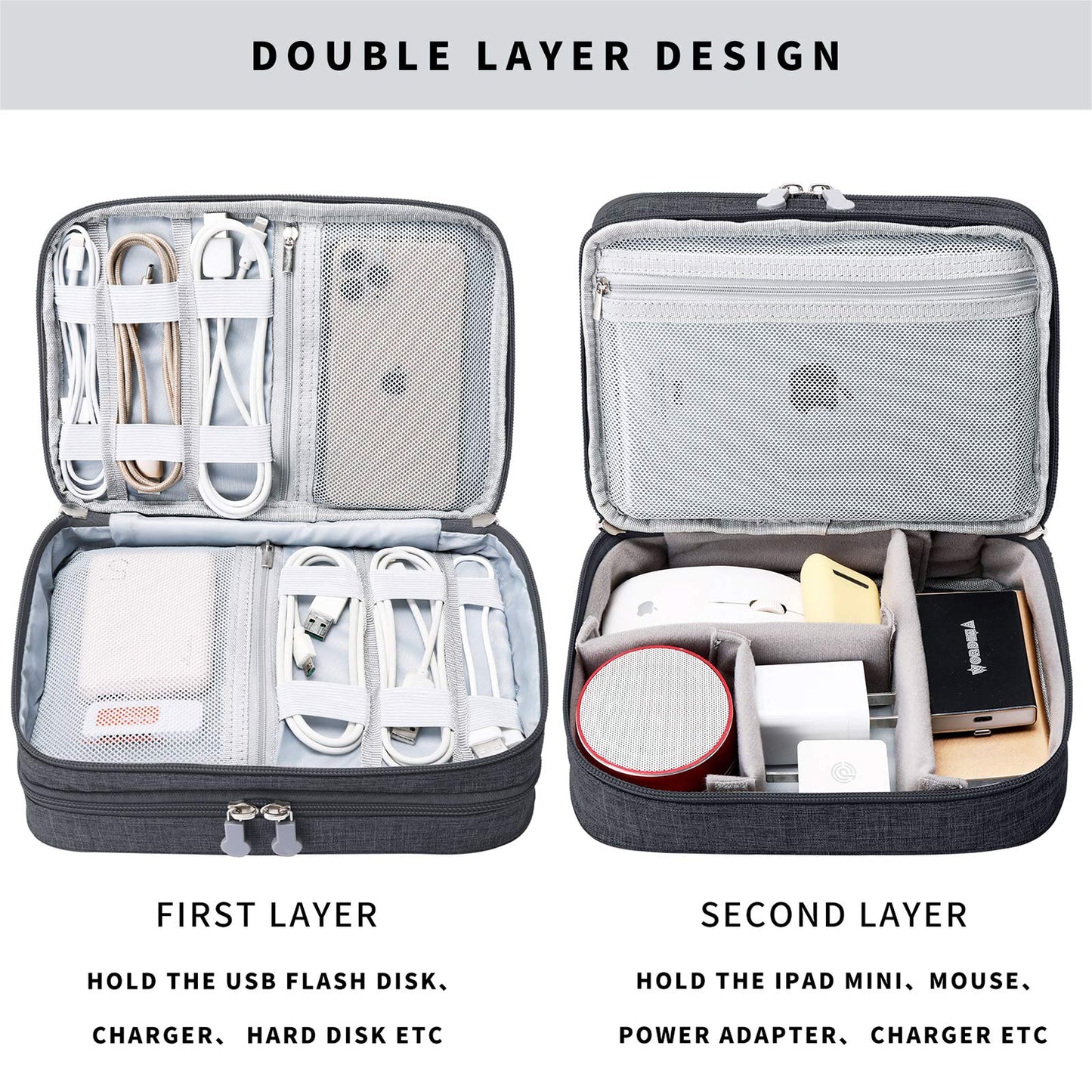 mygreen Electronic Accessories Organizer Bag, Waterproof Double Layer Travel Storage Case with Adjustable Padded Dividers, Portable Hard Pouch for Cables, Charger, Power Bank, Phone, Hard Drive Black