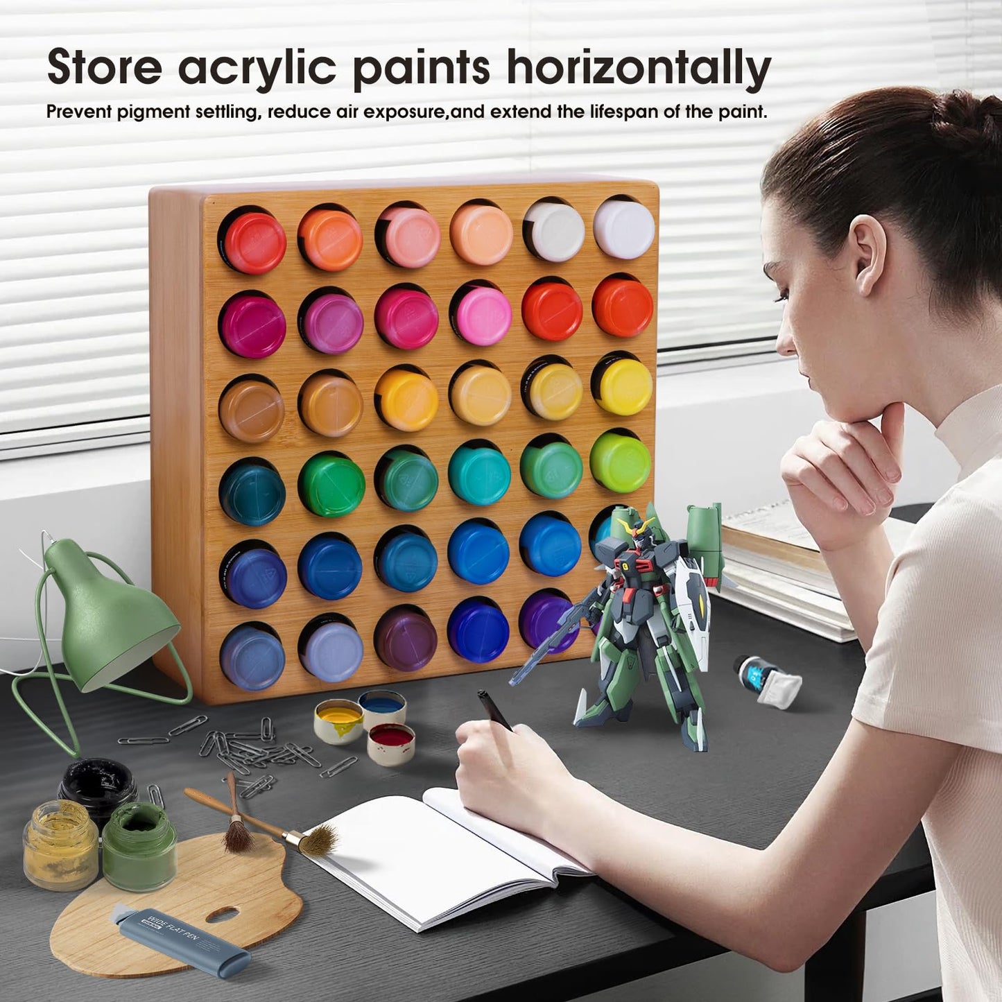 TIKSPCAE Bamboo Craft Paint Storage Organizer,36-Hole Vertical Paint Rack Stand for 2oz Craft & Acrylic Paints,Stackable Modular Storage Solution for Home, Classroom, and Office
