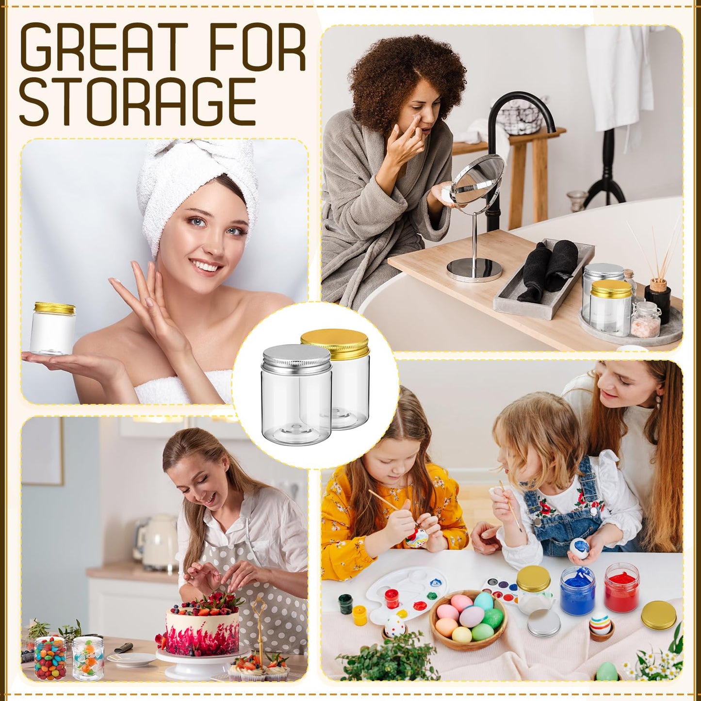 Meanplan 100 Pcs 4 oz Plastic Jars with Lid Mini Mason Jars with Lids Clear Round Cosmetic Container for Travel Storage, Lotion, Cream, Kitchen Use, DIY Crafts(Gold, Silver, Aluminum)