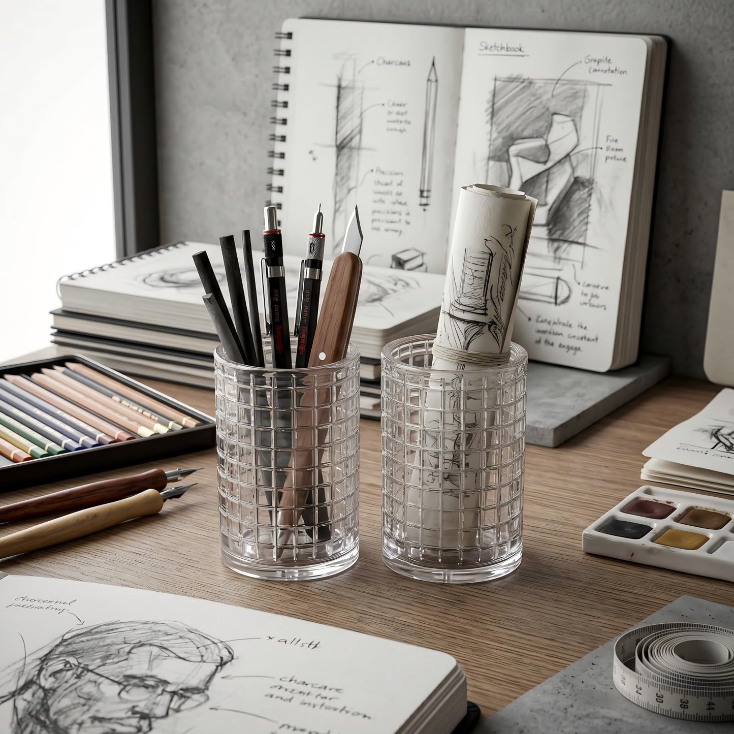 Makeup Brush Holder Organizer, Grid Pattern Glass Storage Box Container, Multifunctional Toothbrush Desk Pen Pencil Holder for Crystal Home Decor, Table Centerpiece, Wedding, Party(Clear 2 Pack)