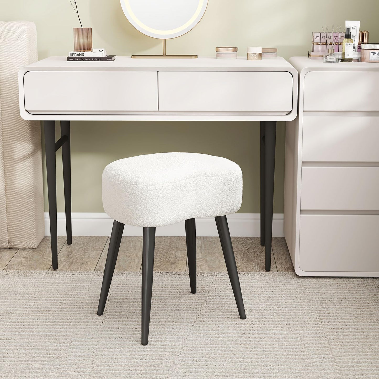 Permory Teddy Velvet Vanity Stool, Upholstered Makeup Chair with Sturdy Metal Legs, Soft Padded Ottoman Footrest, Modern Accent Stool for Bedroom, Living Room, Entryway (White, 17.7in H)