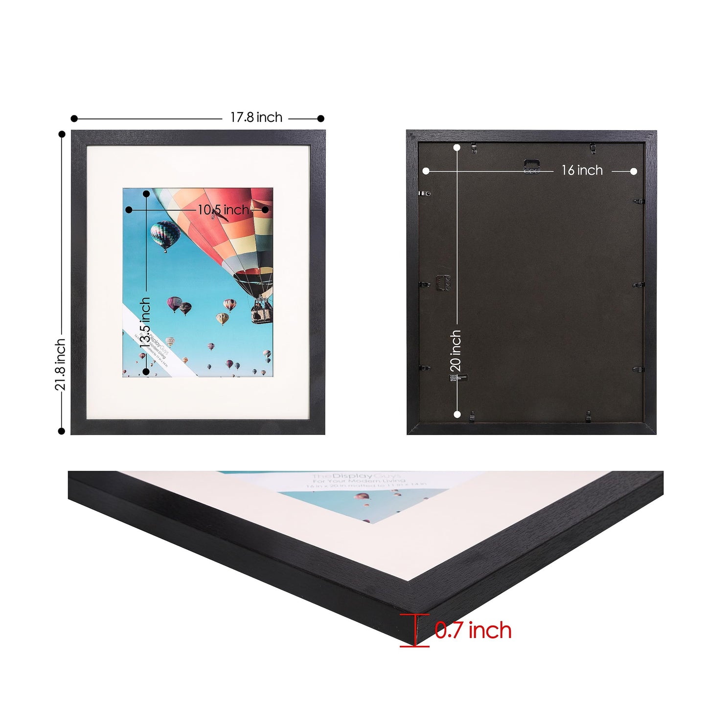 The Display Guys - Black Wooden Minimalist Picture Frames Set - Tempered Glass - 16x20 matted to 11x14 - Wall Hanging - 4-Pack
