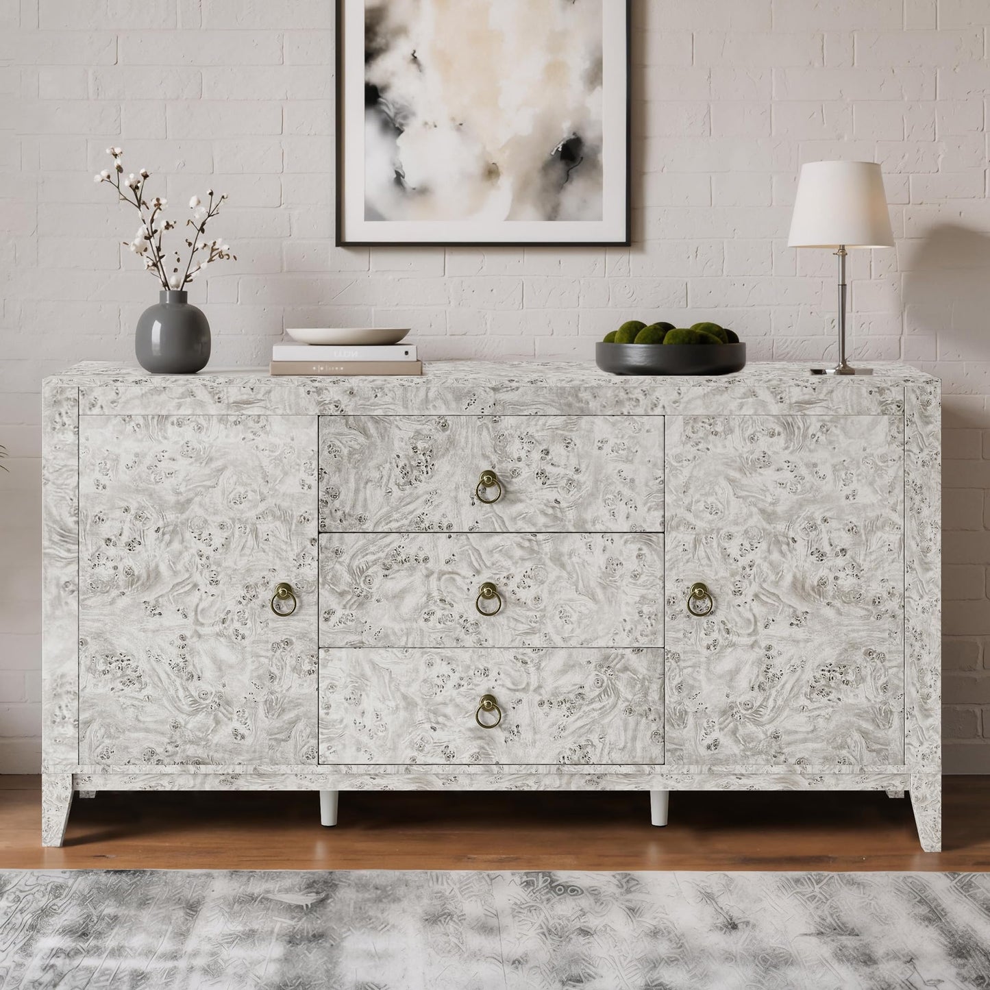AMERLIFE 60" High Gloss Burl Buffet Sideboard Storage Cabinet, Large Wood Sideboard with Drawers, Retro Handles, Heavy Duty Coffee Wine Bar Buffet Table for Dining Room, Living Room, Grey