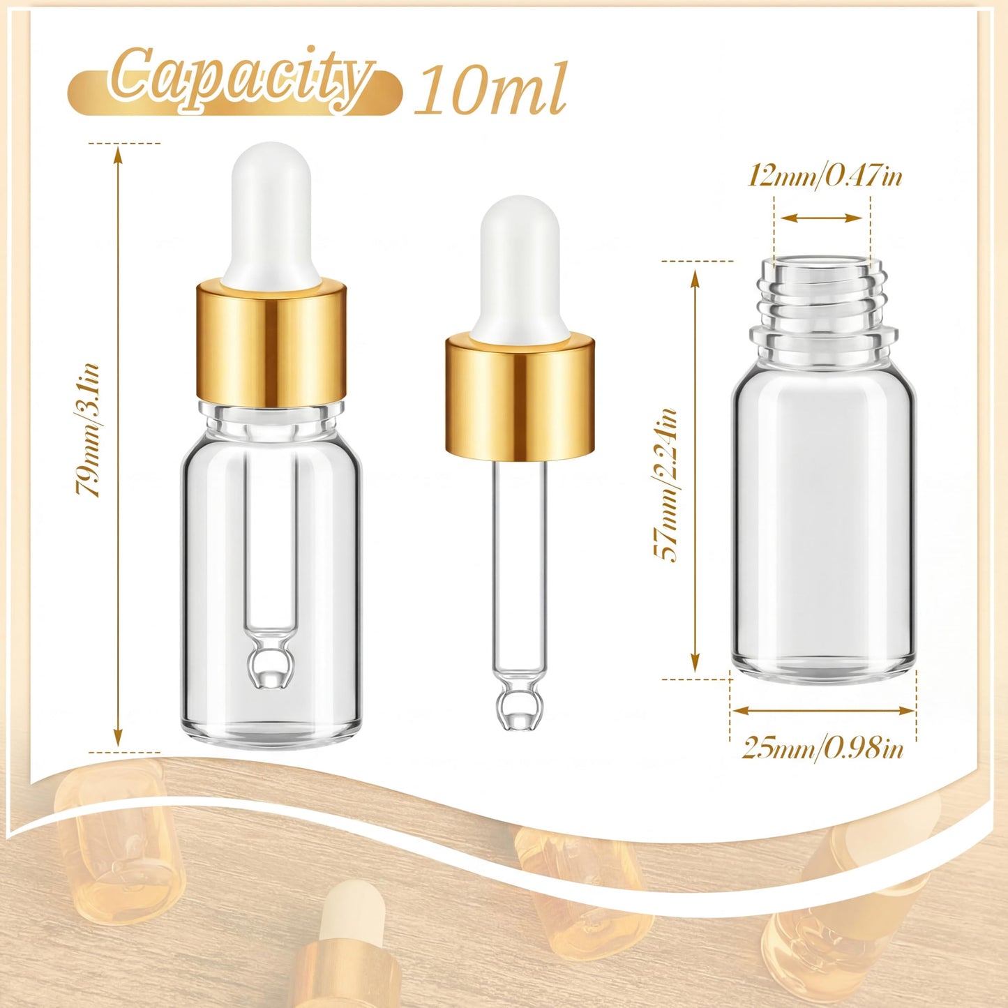 Didaey 100 Pcs 10 ml Mini Glass Oil Dropper Bottle Bulk, Clear Essential Small Empty Bottles Sample Containers Perfume Liquid Vials with Cap for Traveling (Champagne Gold)