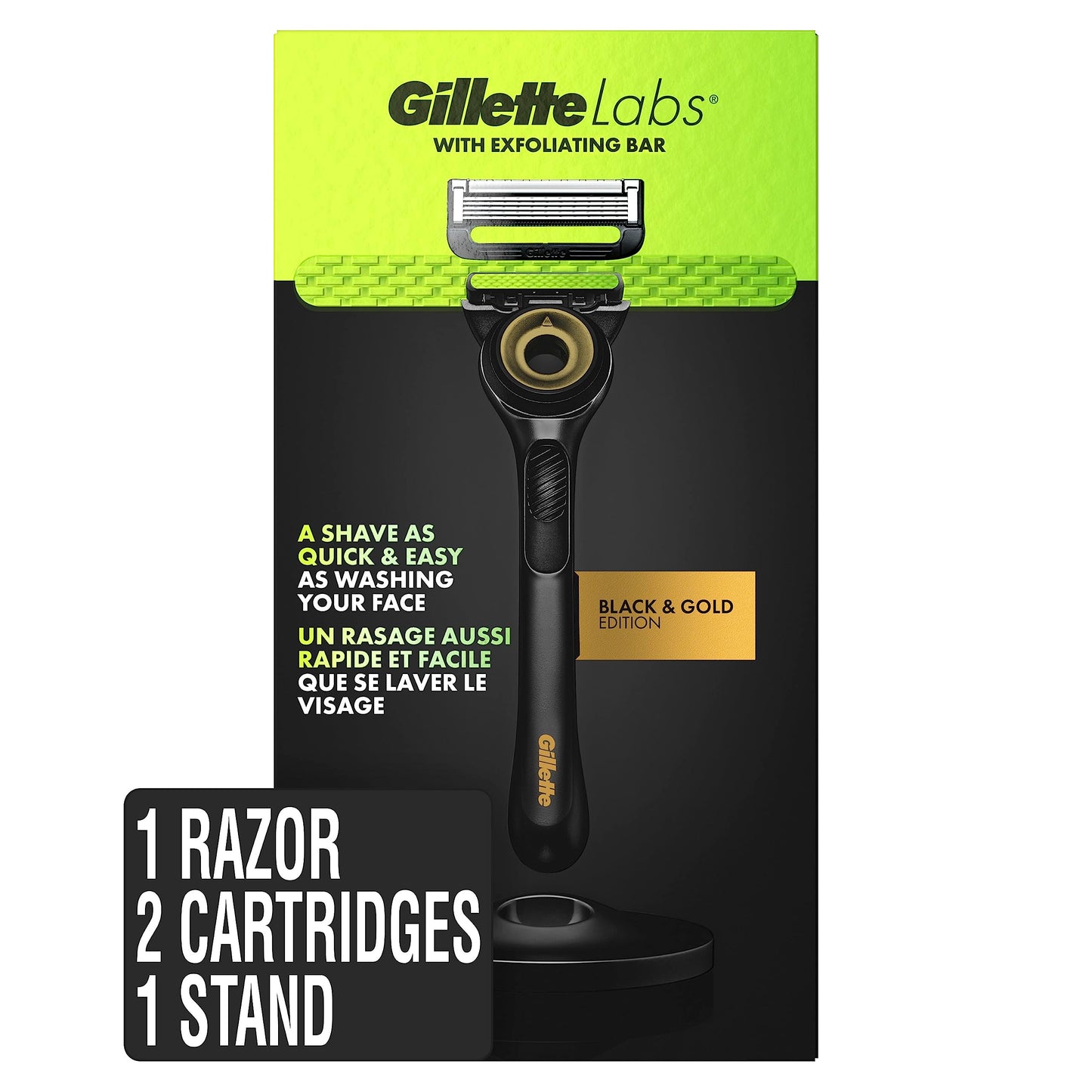 Gillette Labs Men's Razor, Shaving Kit Includes 1 Handle, 2 Blade Refills, 1 Premium Magnetic Stand, Black and Gold