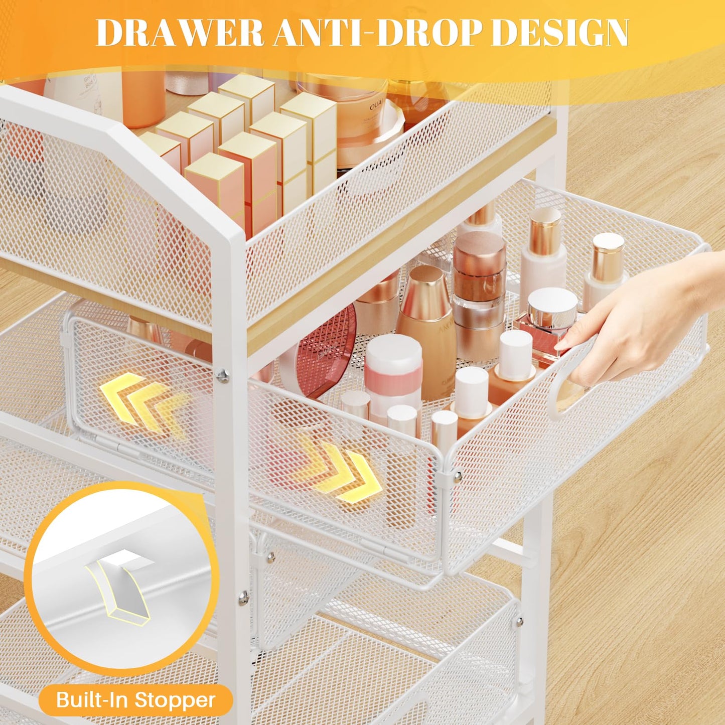 SUNALLY Makeup Organizer Cart with 4 Drawers, Rolling Makeup Storage Cart Metal Skincare Organizers, Large Vanity Storage Organizer Cosmetics Display Cases for Skin Care Perfume Nail Polish, White
