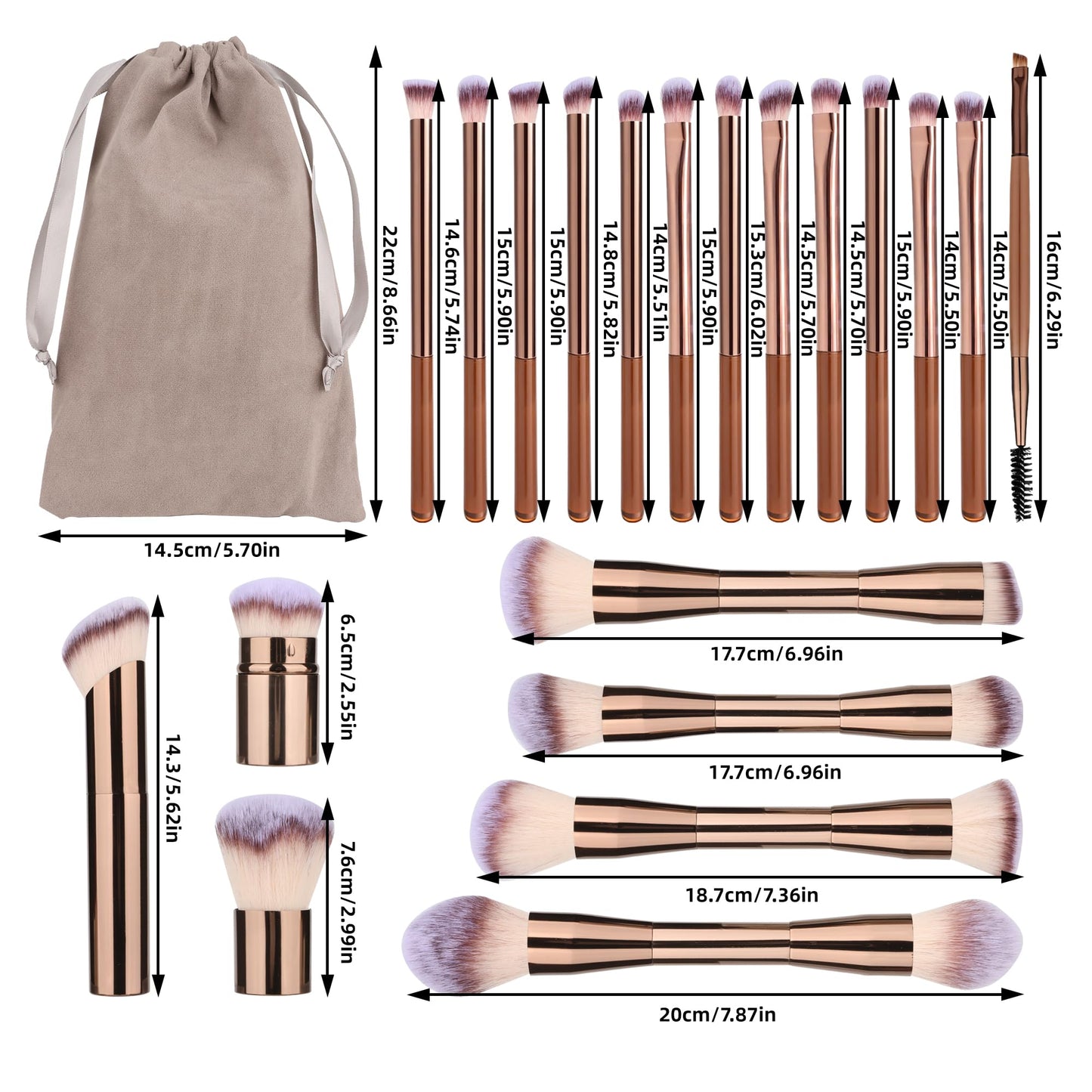 24 Pcs Double-End Multi-functional Makeup Brushes with Gift Box for Blending Liquid Powder Concealer Cream Blush, Coffee Brown