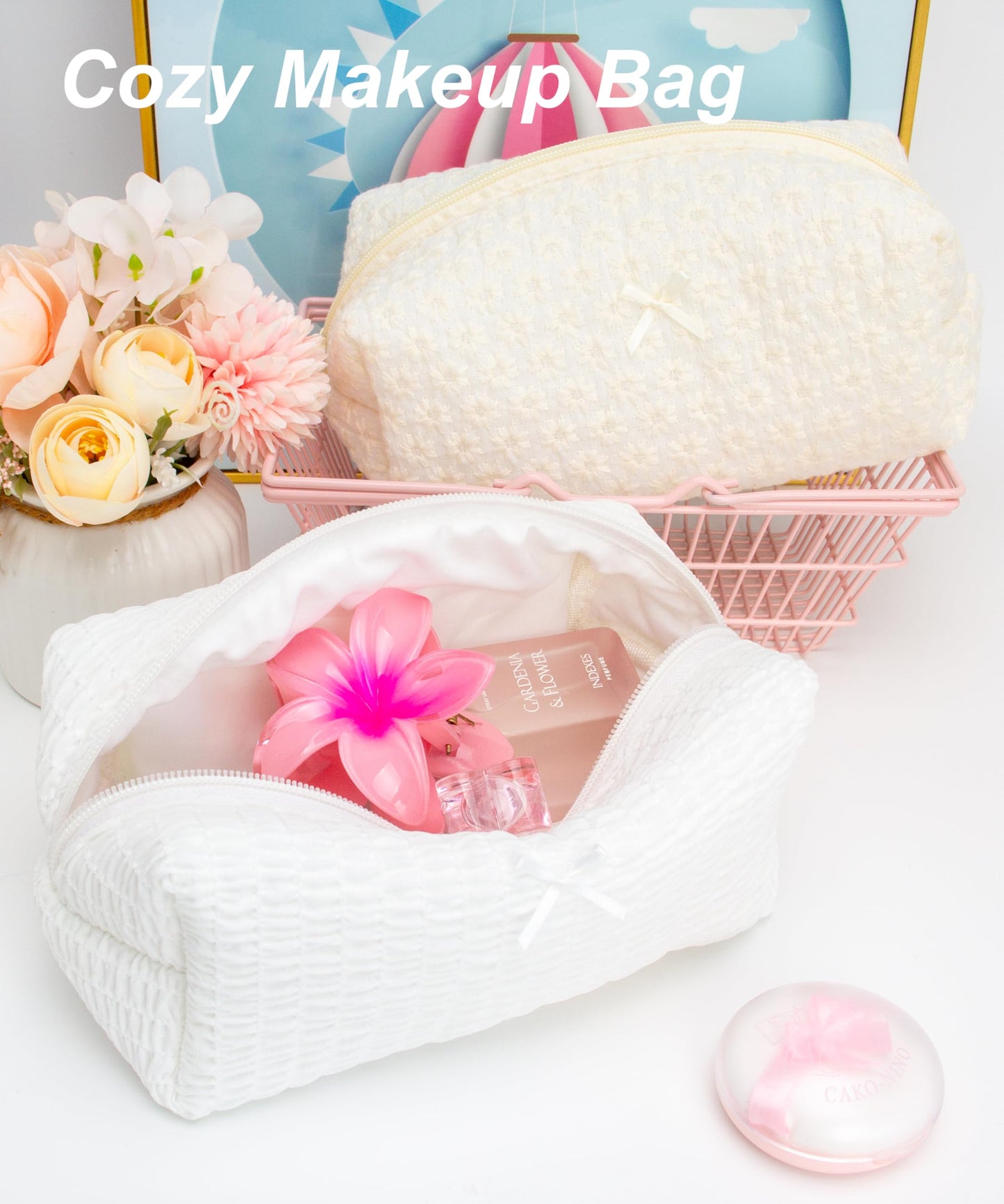 PAZIMIIK 6PCS Cozy Makeup Bag Small Aesthetic Travel Zipper Cosmetic Pouch for Women Make Up Beauty Accessories Brushes, Bubble White