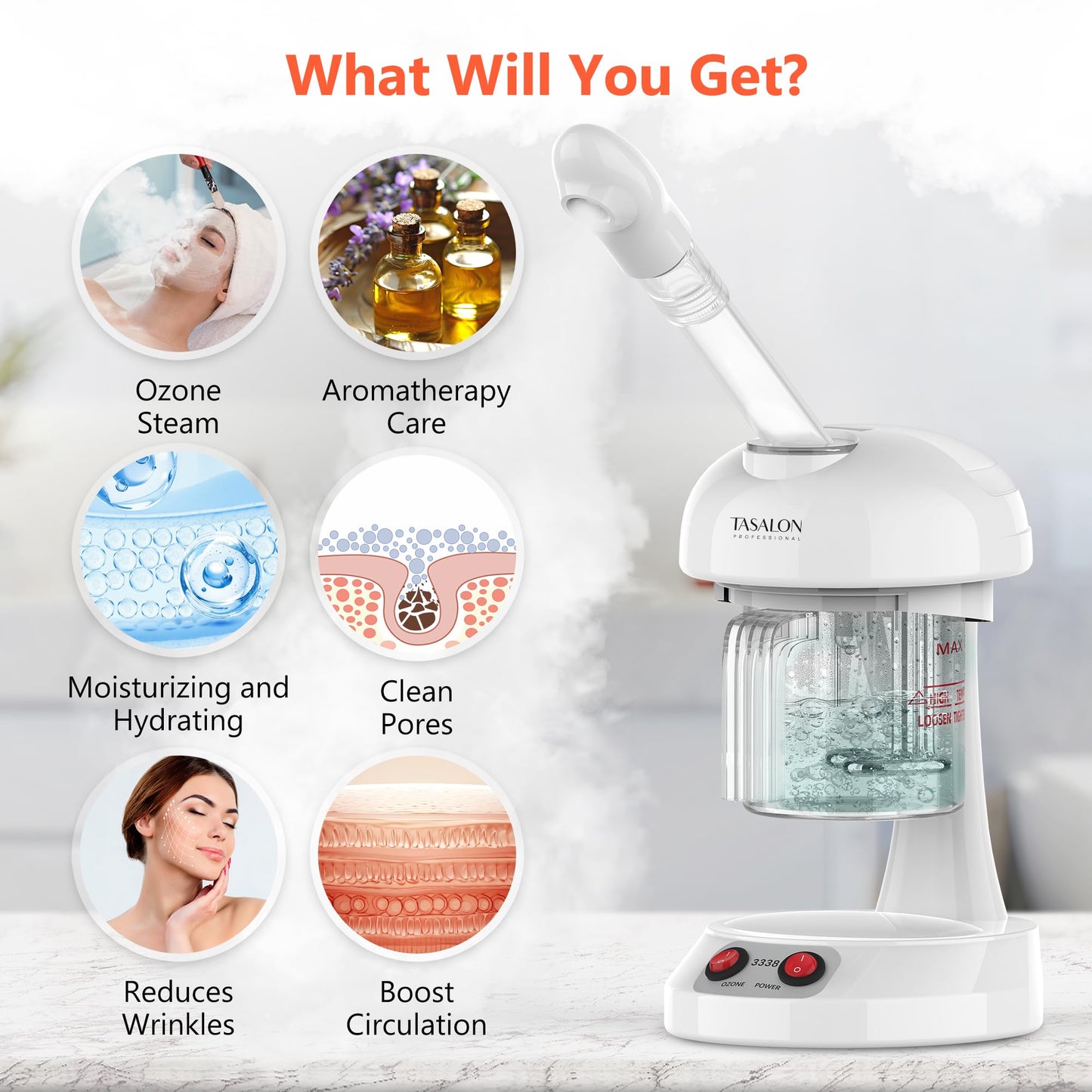 Facial Steamer - TASALON Ozone Face Steamer for Facial, Portable Facial Steamer with Removable Water Tank, Nano Ionic Facial Steamer for Home Salon Spa or Personal Care, White