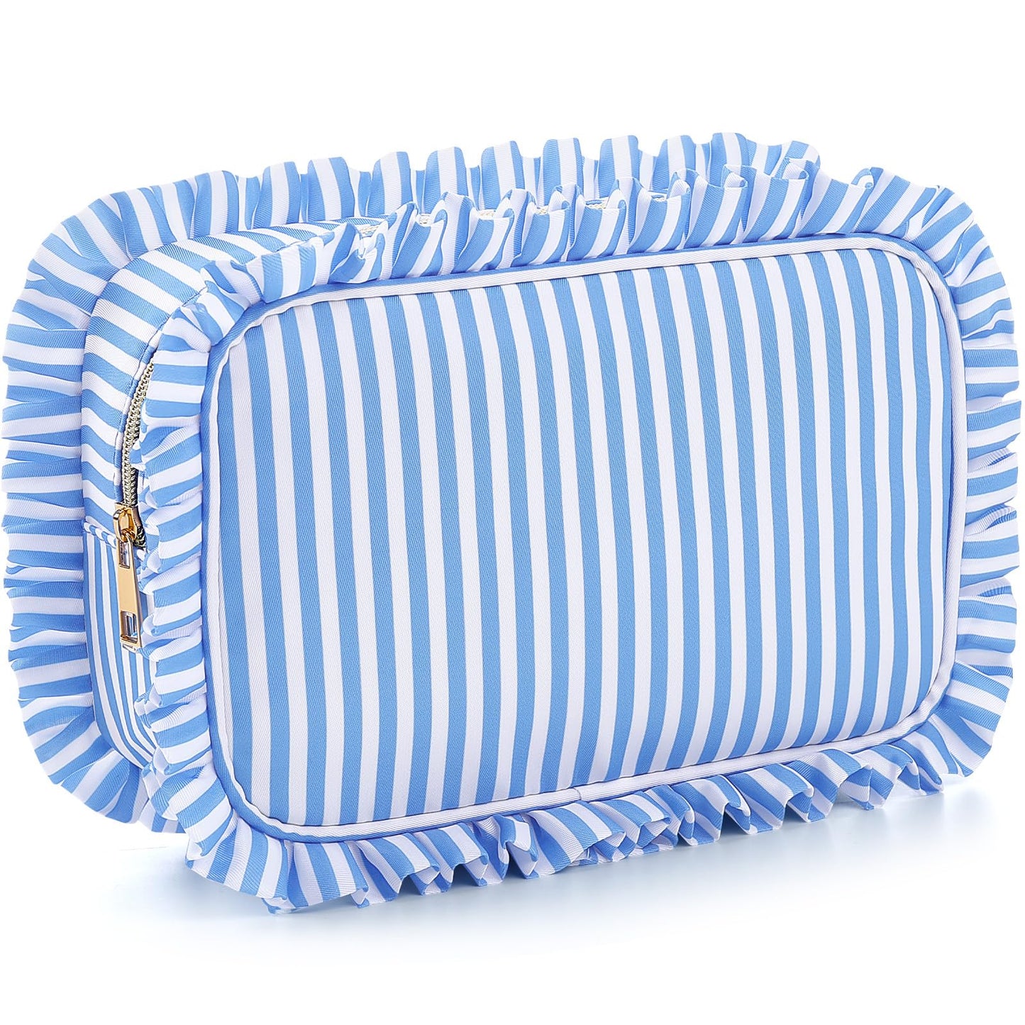 Kigeli Ruffle Makeup Bag Preppy Makeup Pouch Large Travel Cosmetic Bag Nylon Waterproof Toiletry Make up Organizer for Women(Striped,Blue)