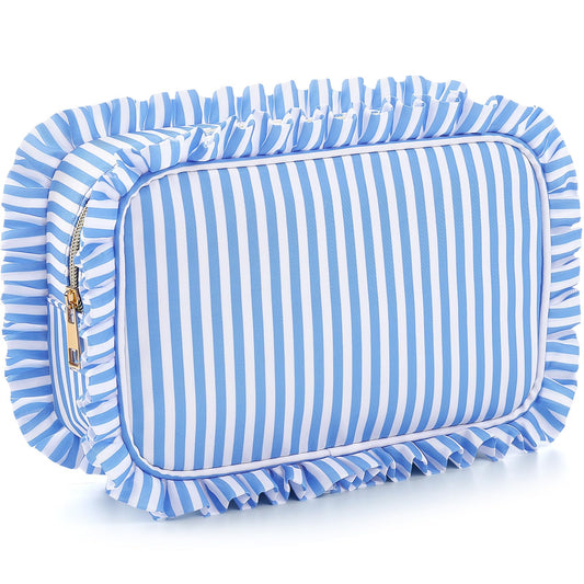 Kigeli Ruffle Makeup Bag Preppy Makeup Pouch Large Travel Cosmetic Bag Nylon Waterproof Toiletry Make up Organizer for Women(Striped,Blue)