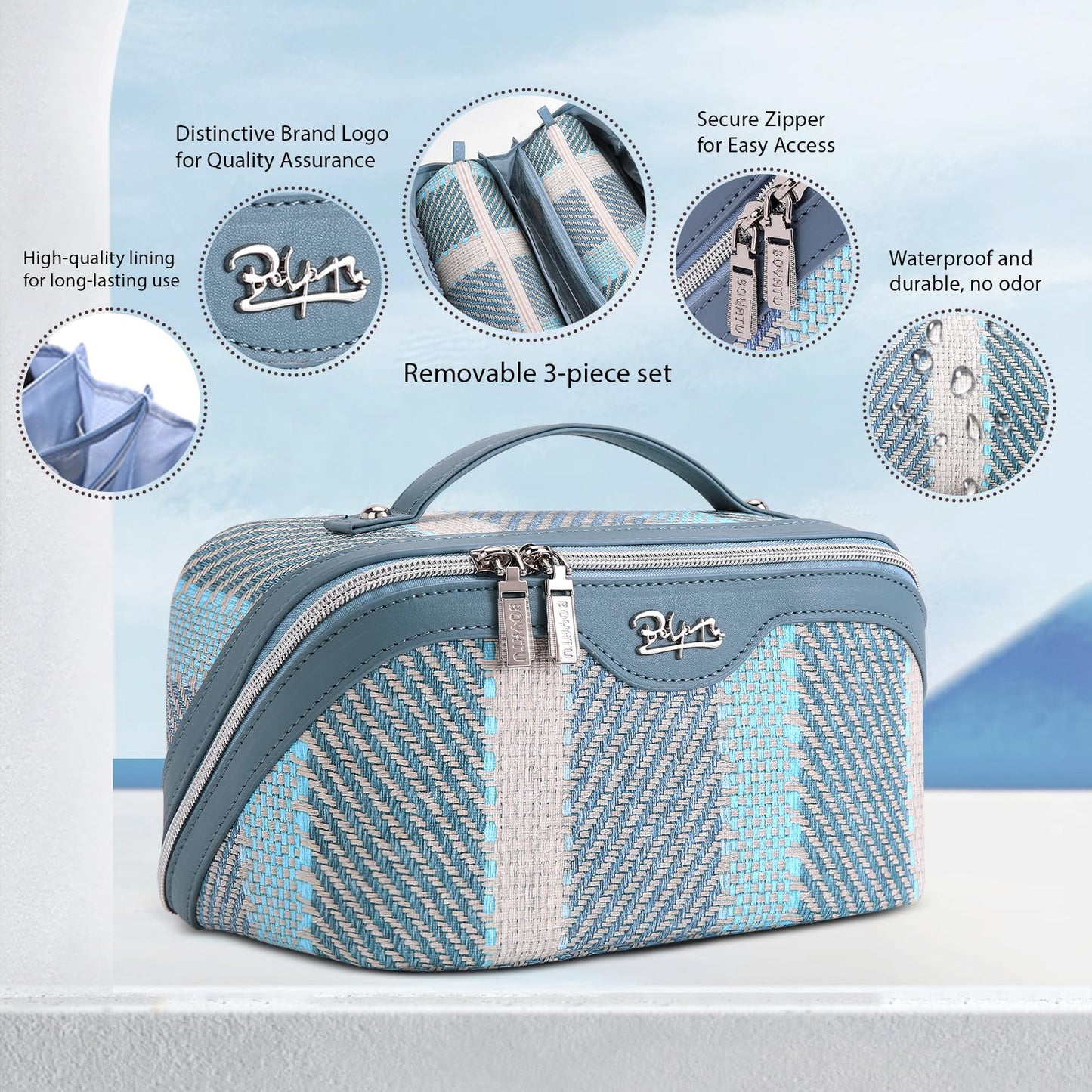 BOYATU Travel Makeup Bag Cosmetic Bag for Women: 3 Pcs Set Make up Bag with Compartments - Waterproof Vegan Leather Toiletry Bags with Handle - Makeup Organizer for Travel Essentials(C-1-Blue)