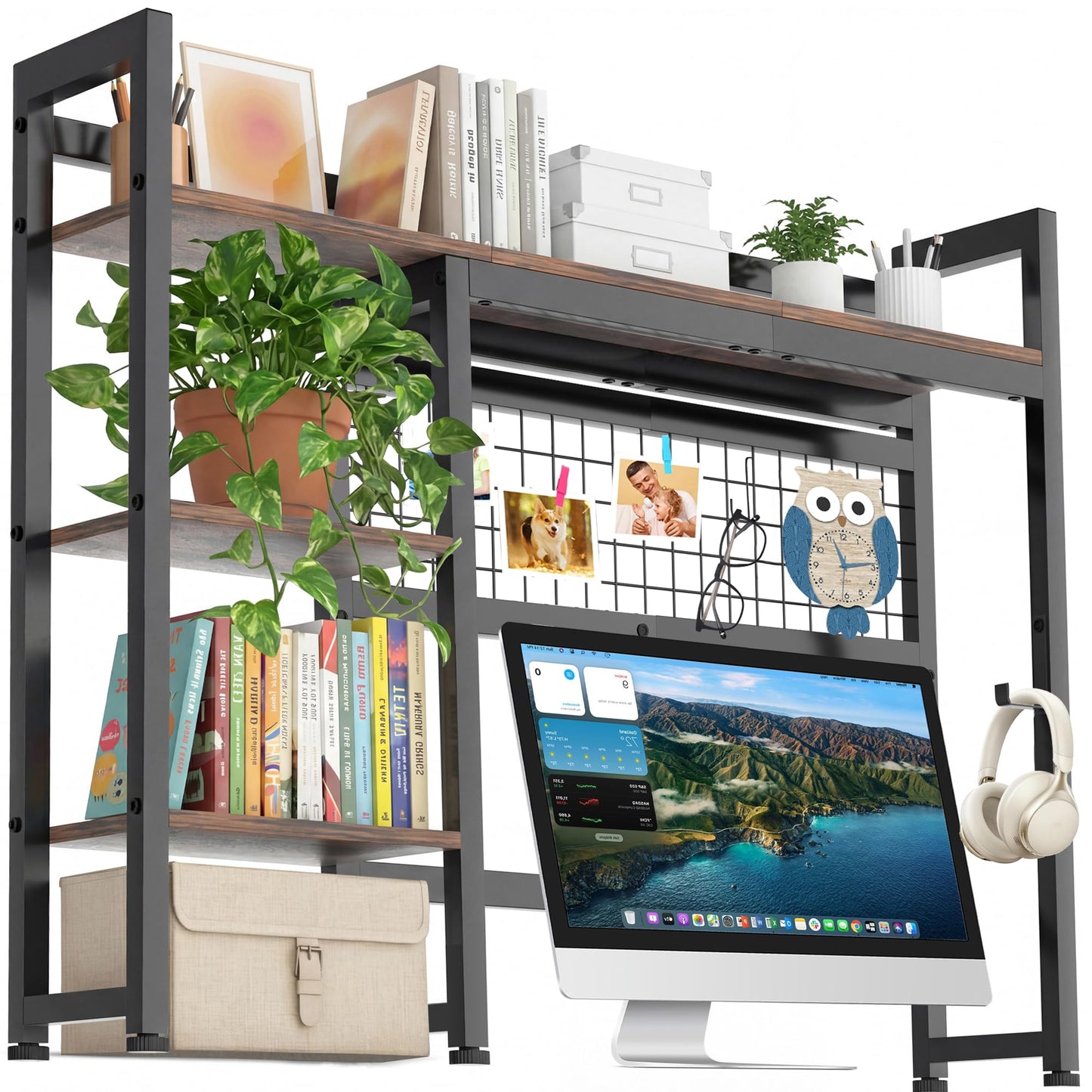 GYXZ Desktop Shelf, 38.5'' Desktop Organizer Shelf for Computer Monitor, 4 Tier Hutch Storage Rack for Home Office Dorm, Rustic Brown
